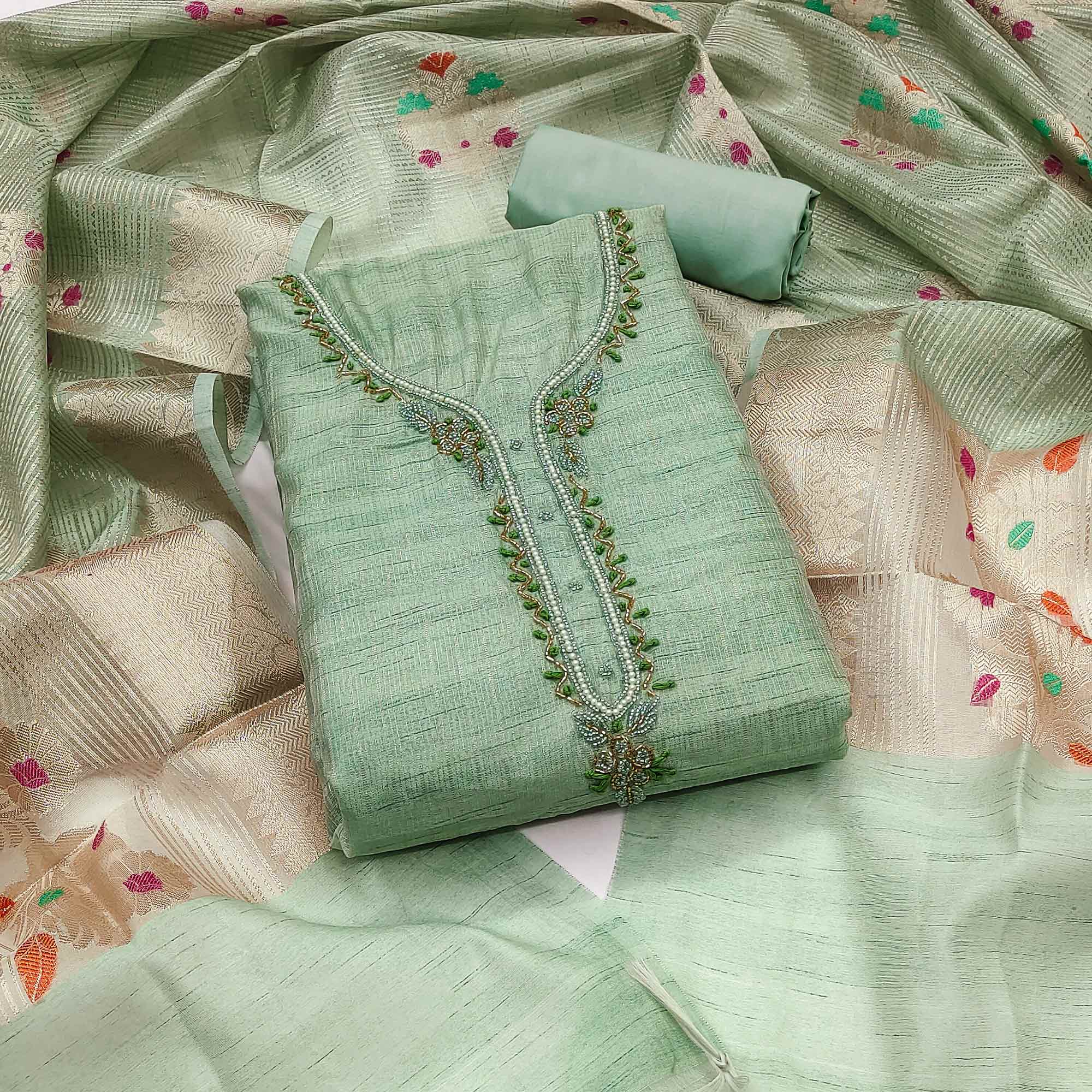 Green Woven With Handwork Tissue Dress Material