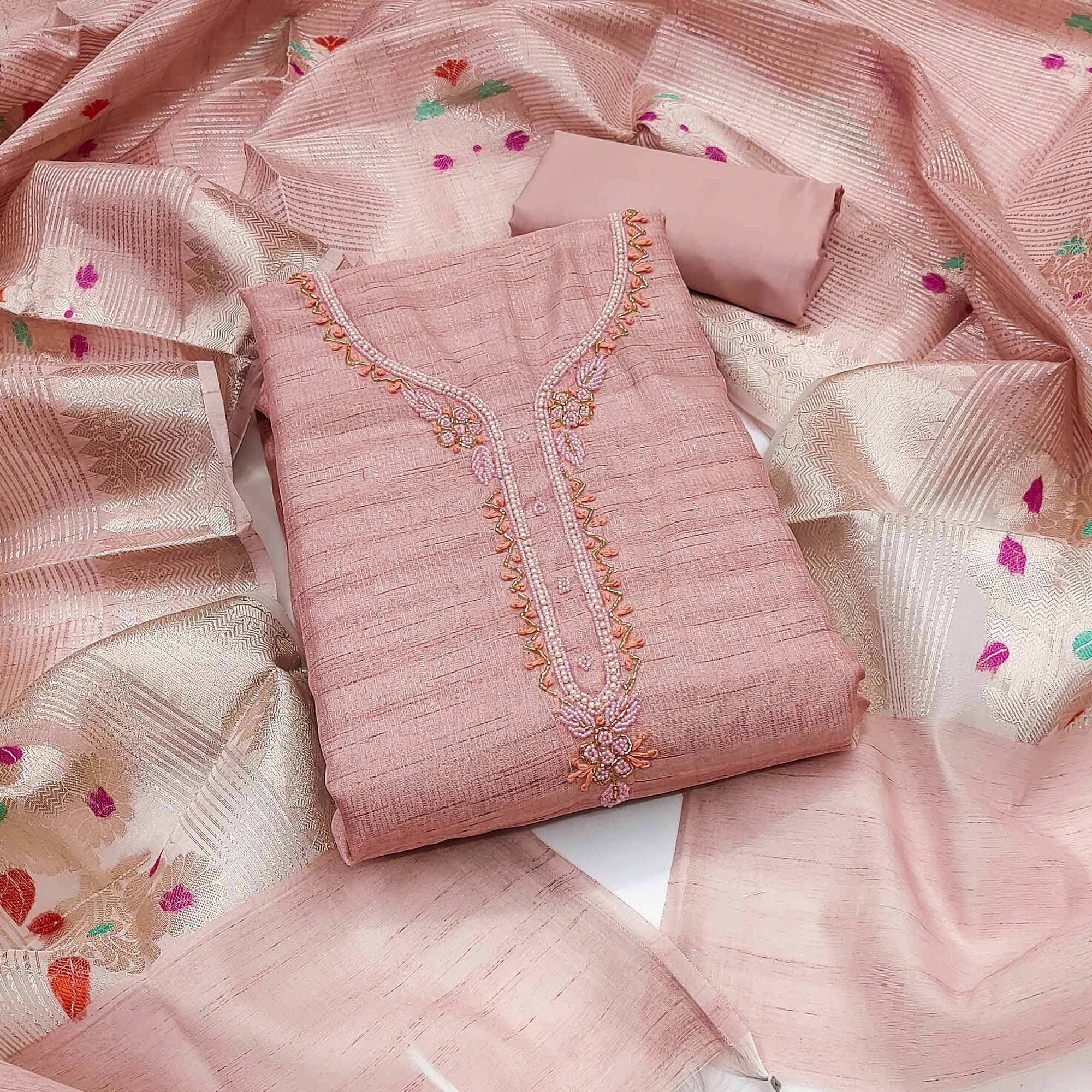 Peach Woven With Handwork Tissue Dress Material