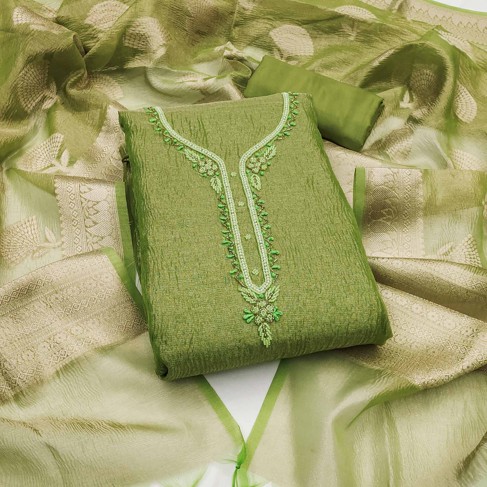 Mehendi Green Woven With Handwork Crush Tissue Dress Material