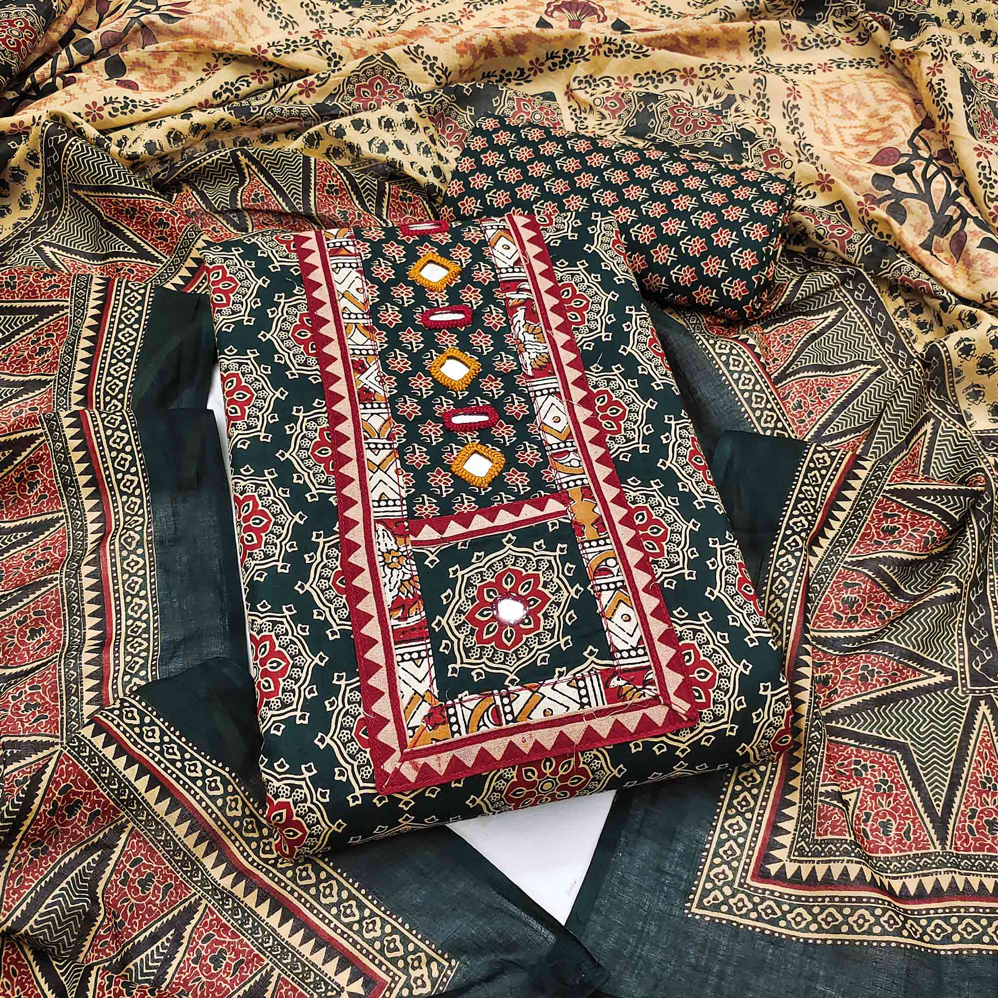 Ethnic Green Floral Printed Pure Cotton Dress Material Accented With Fine Neck Embroidery Work