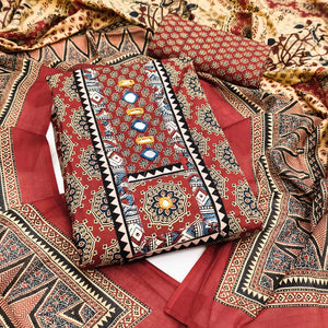 Ethnic Maroon Floral Printed Pure Cotton Dress Material Accented With Fine Neck Embroidery Work