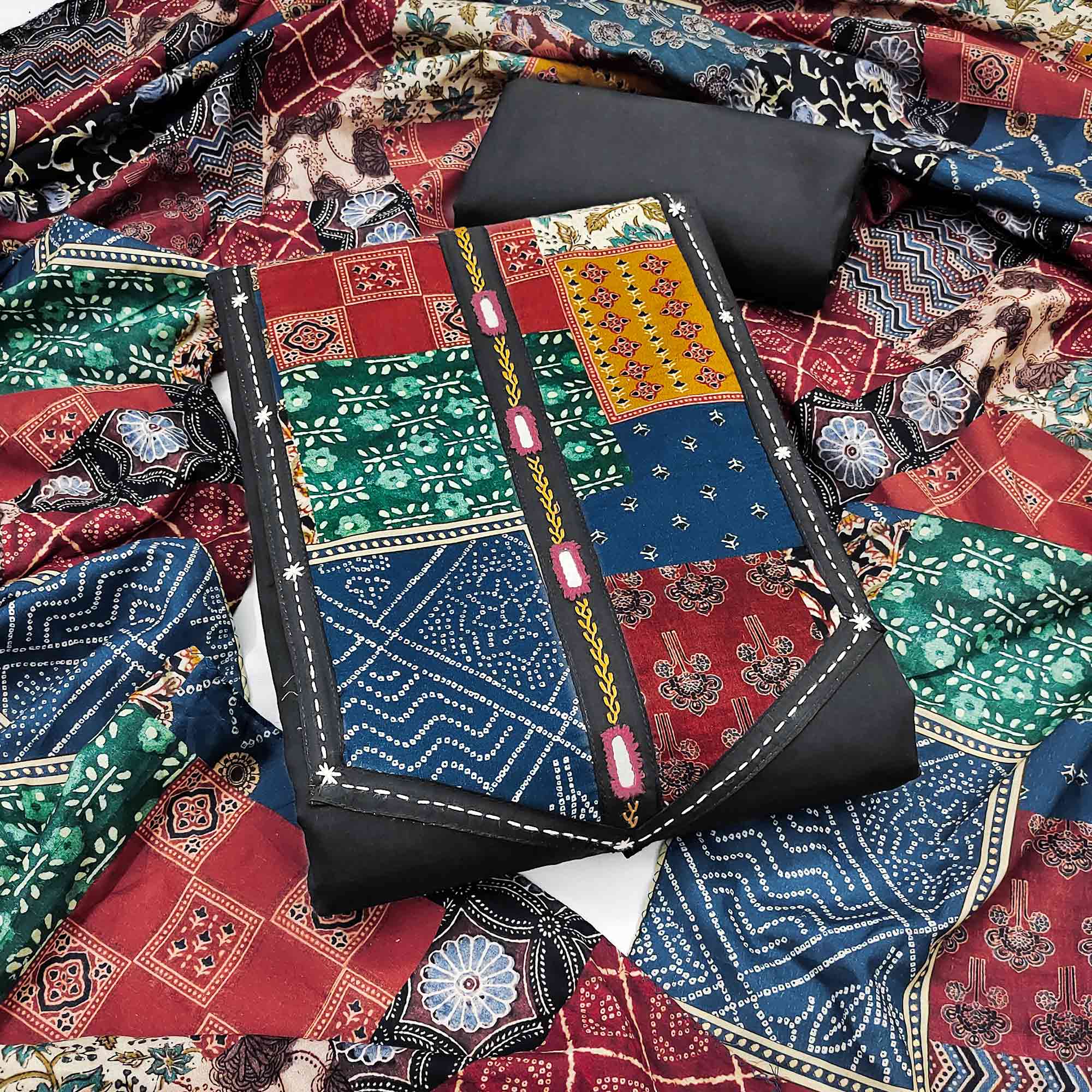 Ethnic Black Solid With Printed Pure Cotton Dress Material With Neck Embroidery Work