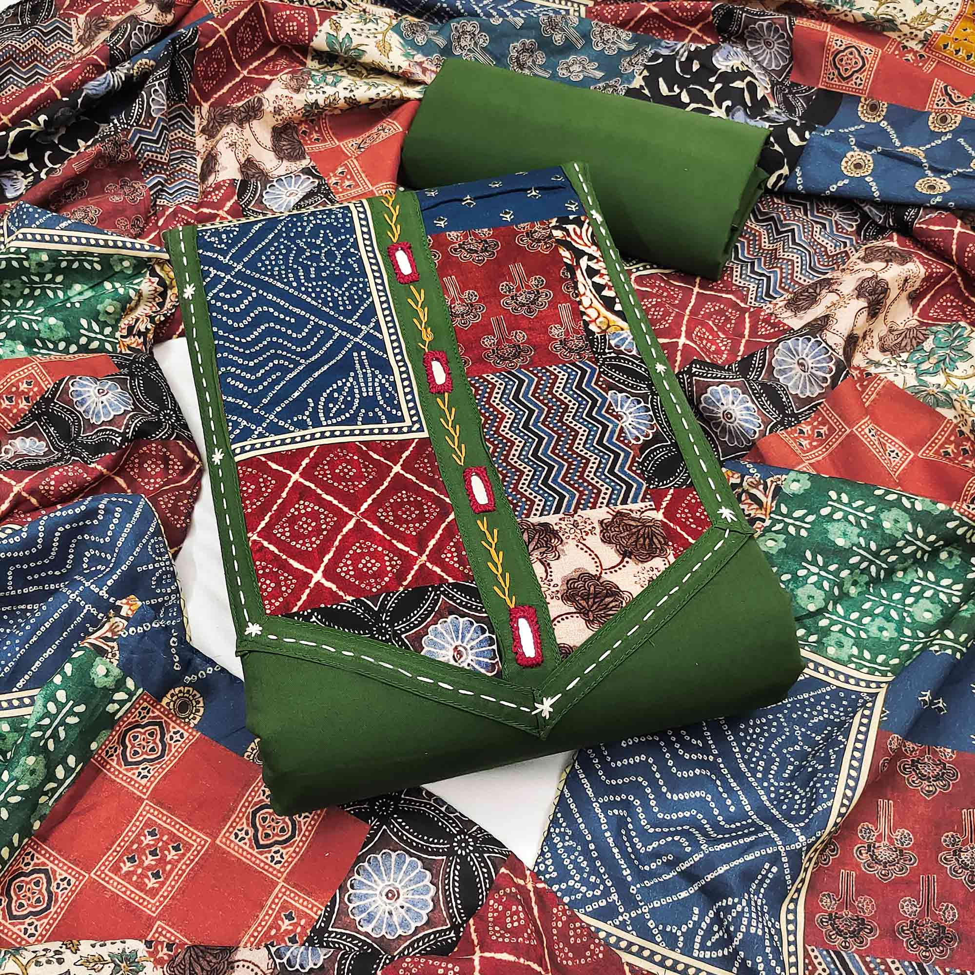 Ethnic Green Solid With Printed Pure Cotton Dress Material With Neck Embroidery Work