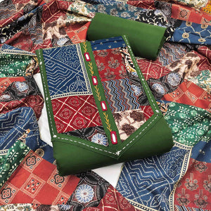 Ethnic Green Solid With Printed Pure Cotton Dress Material With Neck Embroidery Work