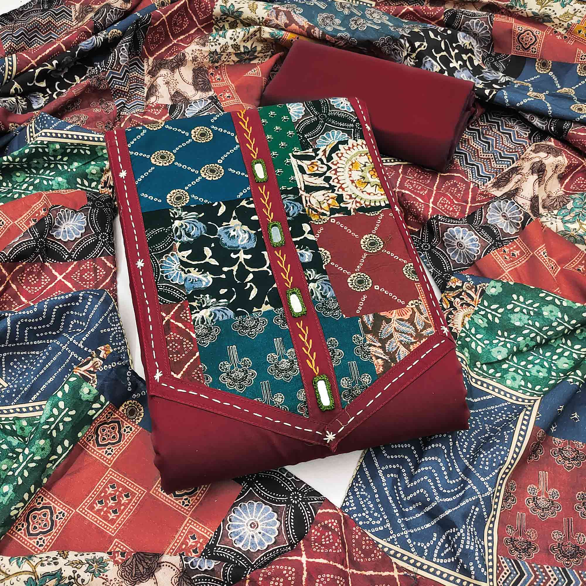Ethnic Maroon Solid With Printed Pure Cotton Dress Material With Neck Embroidery Work