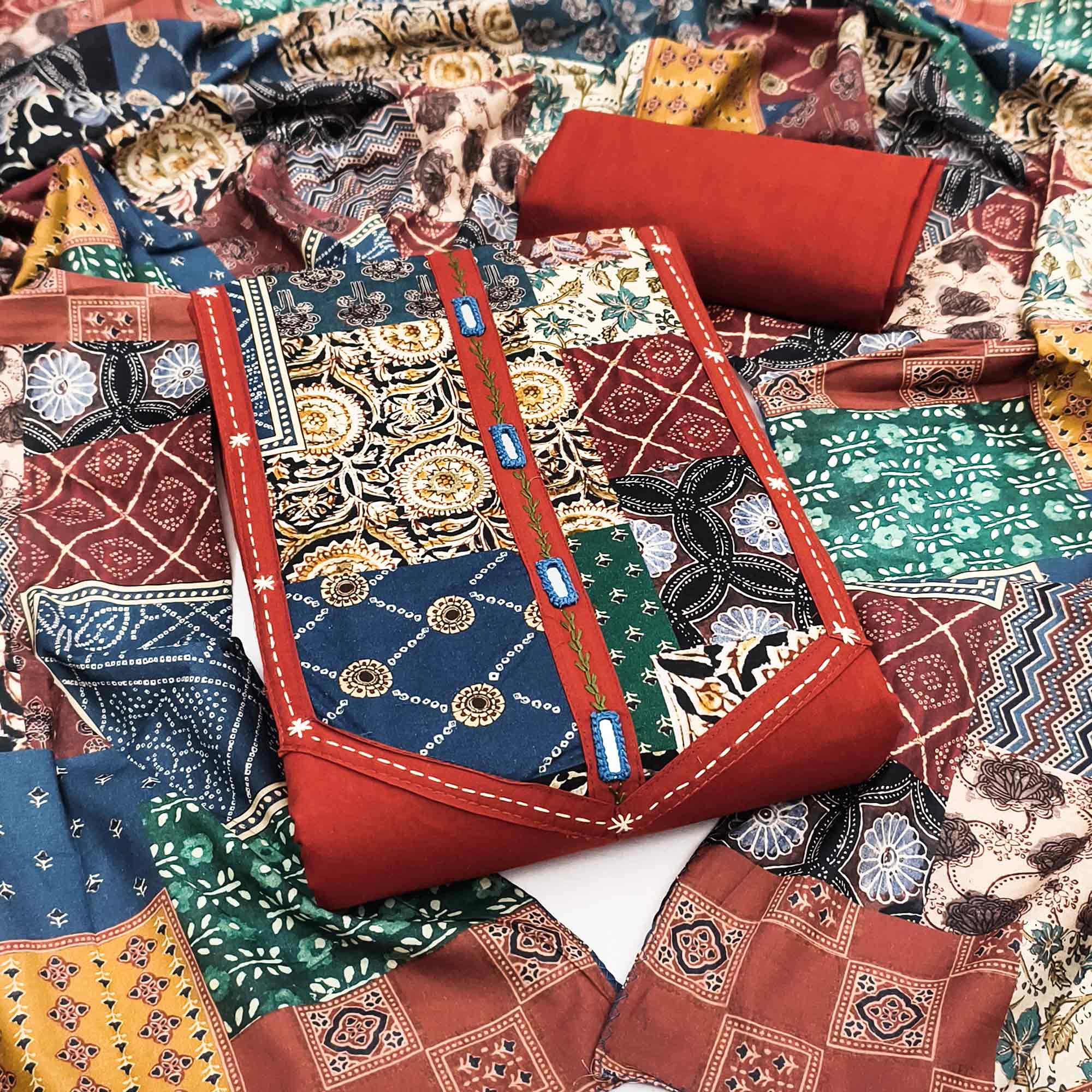 Ethnic Red Solid With Printed Pure Cotton Dress Material With Neck Embroidery Work