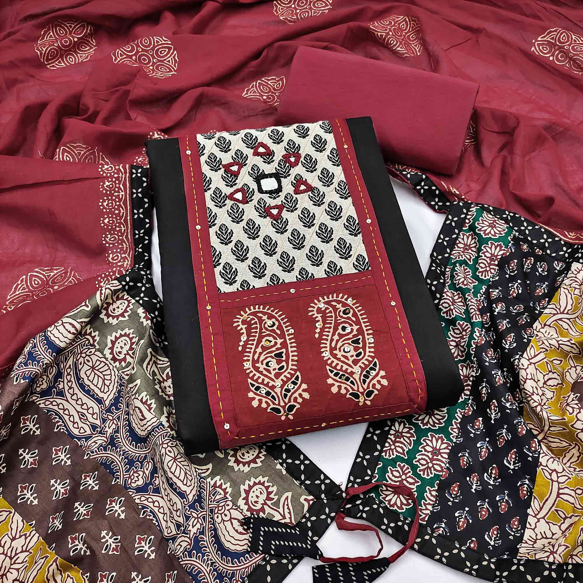 Trendy Black Solid With Printed Pure Cotton Dress Material With Neck Sequins Embroidery Work