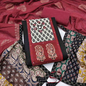 Trendy Black Solid With Printed Pure Cotton Dress Material With Neck Sequins Embroidery Work