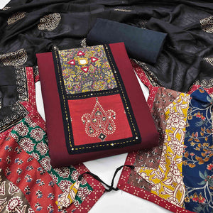 Trendy Maroon Solid With Printed Pure Cotton Dress Material With Neck Sequins Embroidery Work