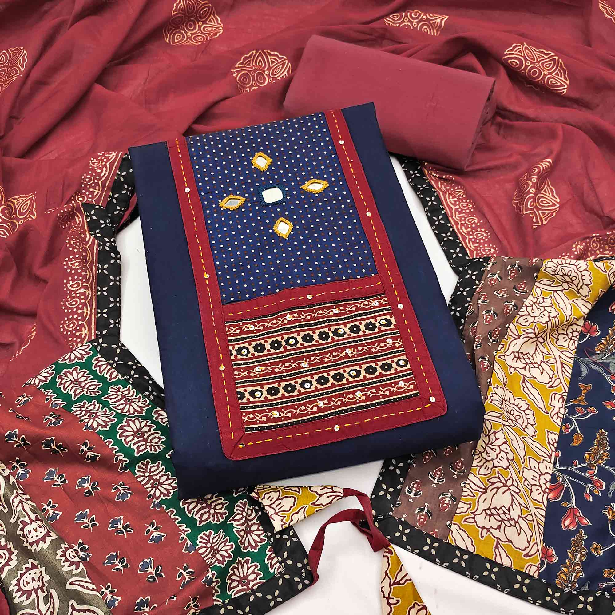 Trendy Navy Blue Solid With Printed Pure Cotton Dress Material With Neck Sequins Embroidery Work