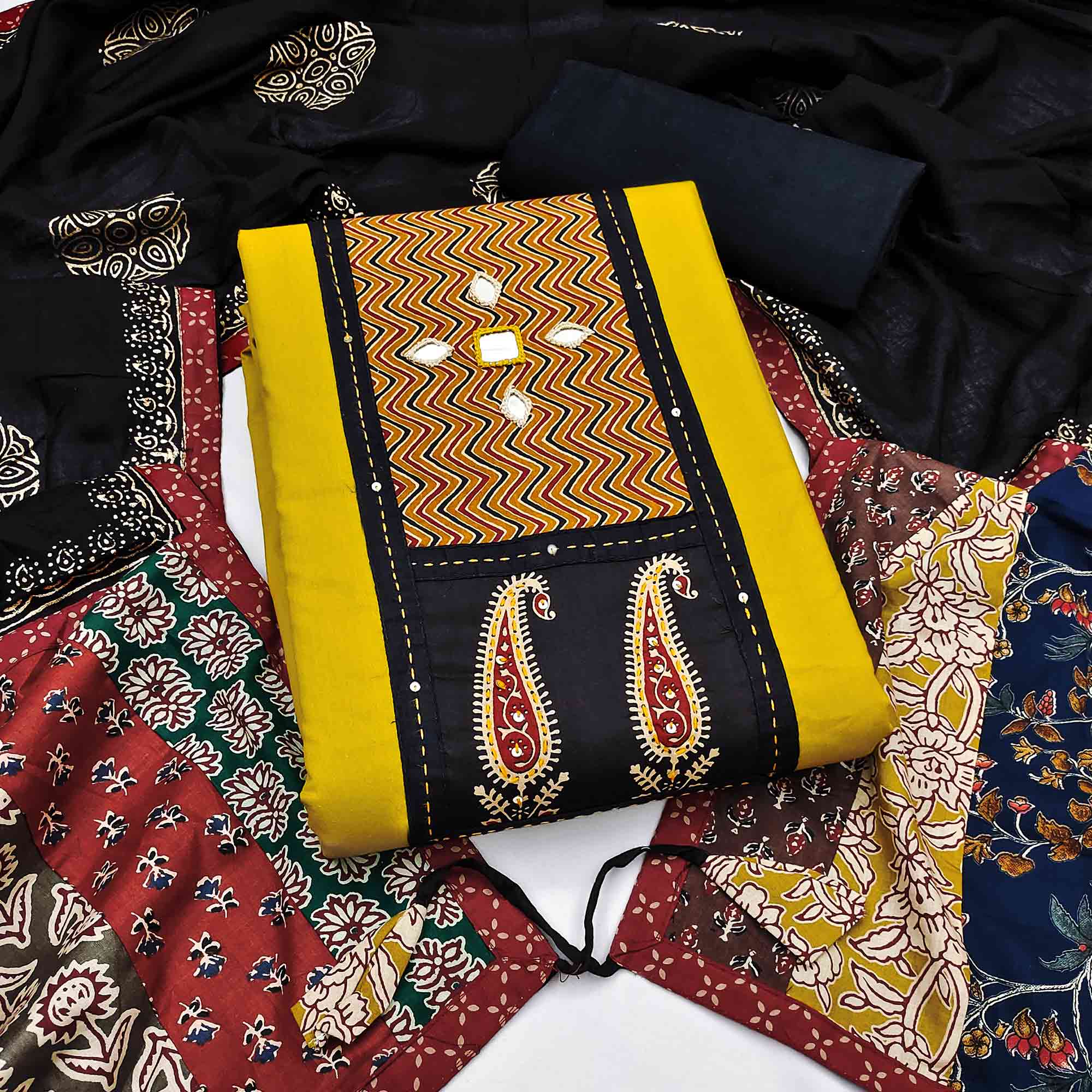 Trendy Yellow Solid With Printed Pure Cotton Dress Material With Neck Sequins Embroidery Work