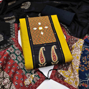 Trendy Yellow Solid With Printed Pure Cotton Dress Material With Neck Sequins Embroidery Work