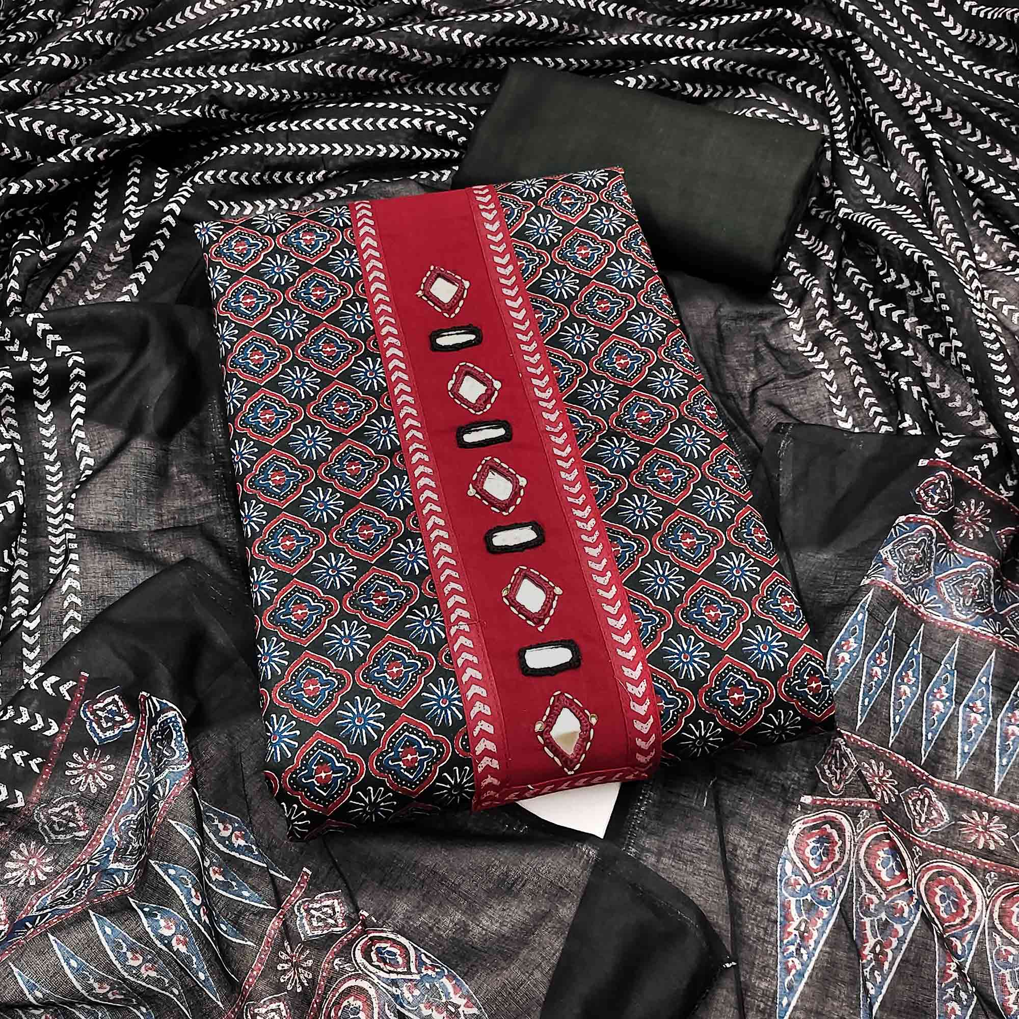 Premium Black Floral Printed Pure Cotton Dress Material With Delicate Neck Embellishments