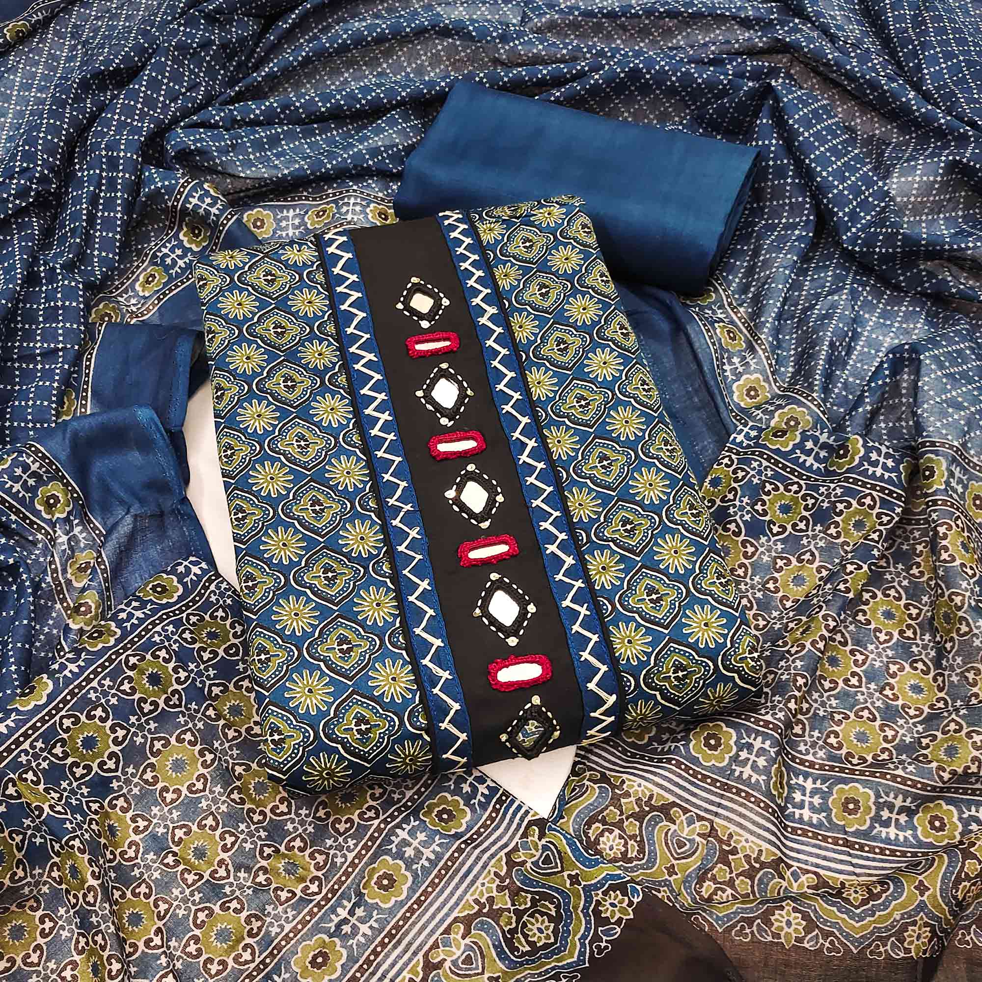 Premium Blue Floral Printed Pure Cotton Dress Material With Delicate Neck Embellishments