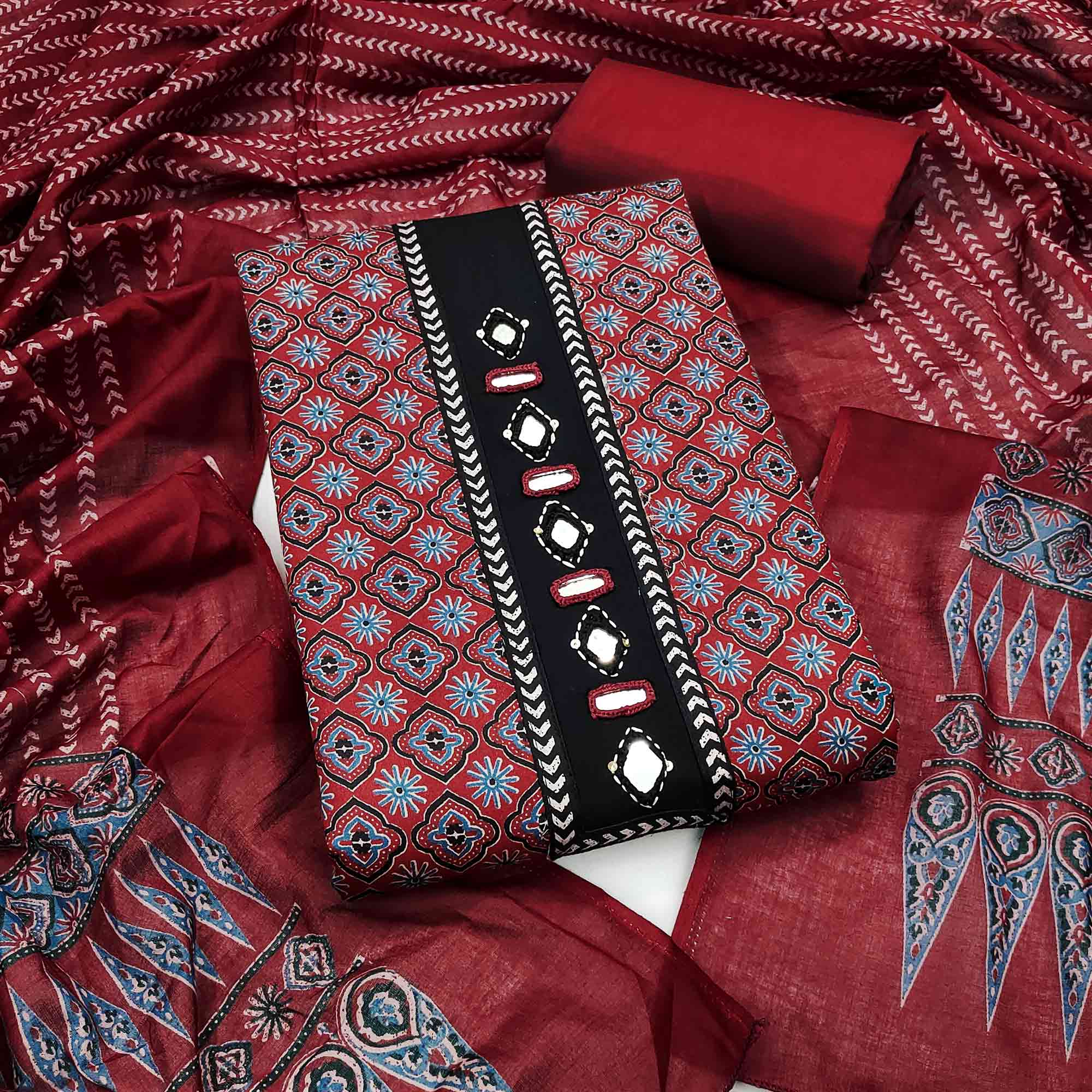 Premium Maroon Floral Printed Pure Cotton Dress Material With Delicate Neck Embellishments