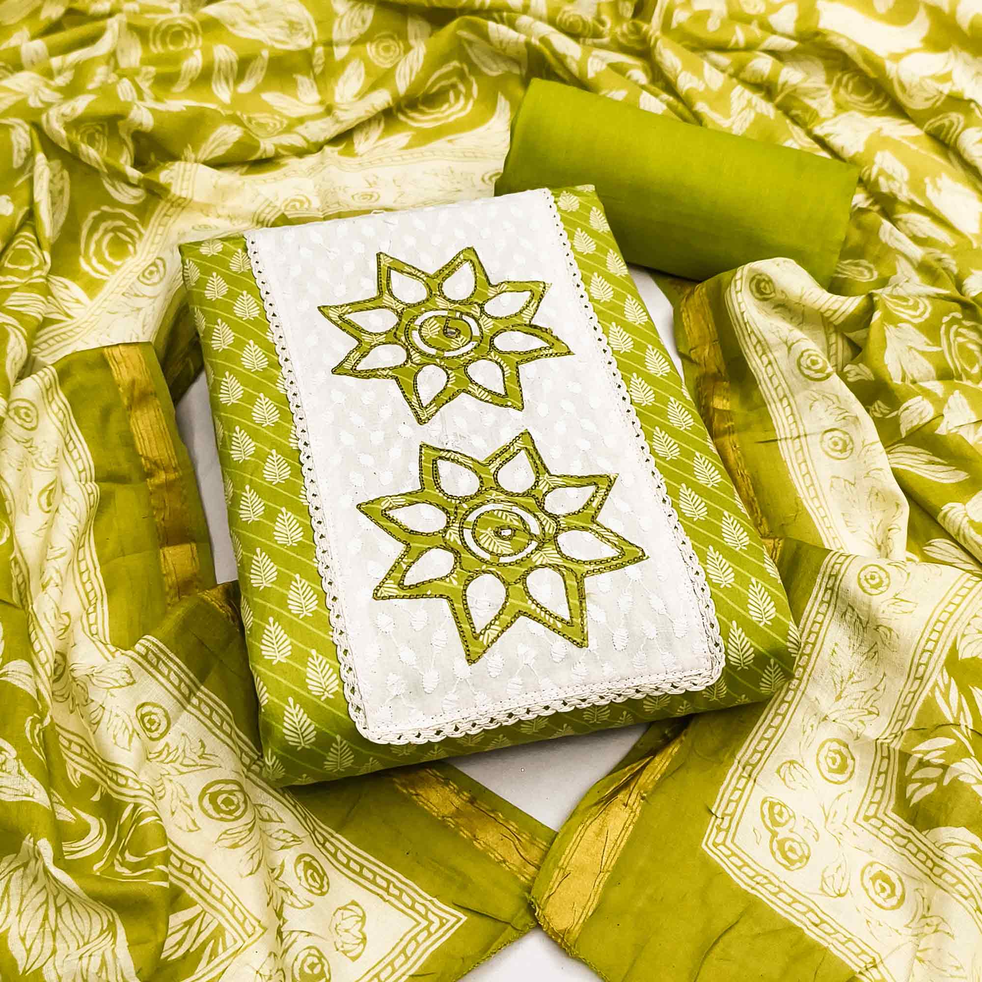 Green Leaf & Striped Printed Pure Cotton Dress Material Accented With Floral Embroidered Neckline