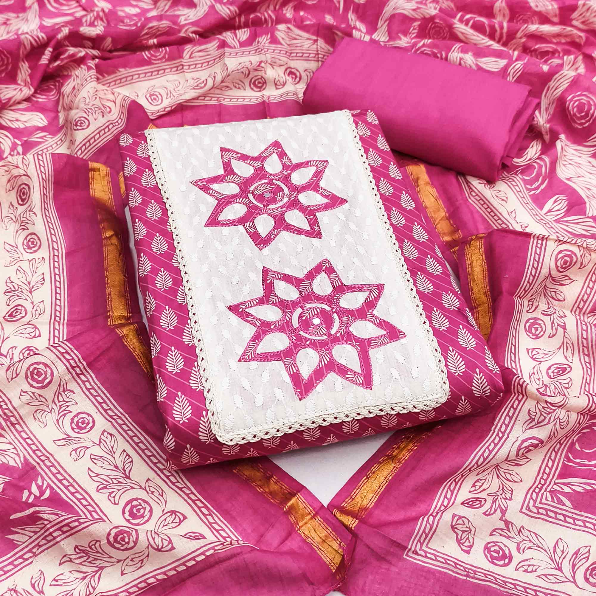 Pink Leaf & Striped Printed Pure Cotton Dress Material Accented With Floral Embroidered Neckline