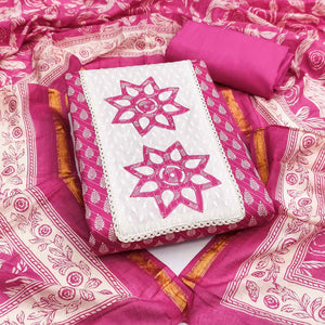 Pink Leaf & Striped Printed Pure Cotton Dress Material Accented With Floral Embroidered Neckline