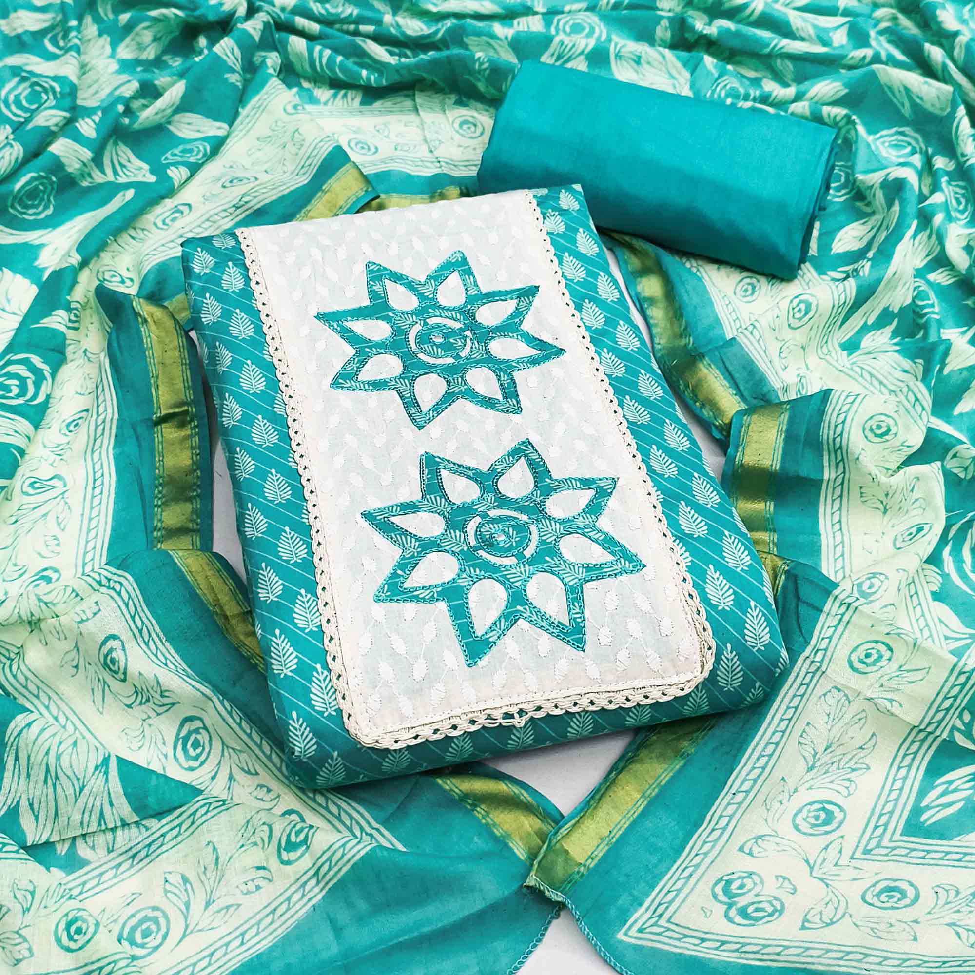 Turquoise Leaf & Striped Print Pure Cotton Dress Material Accented With Floral Embroidered Neckline