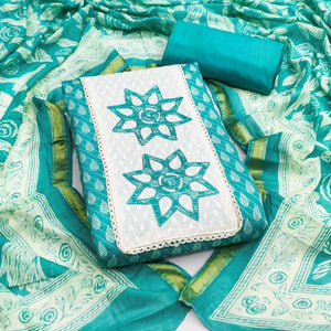 Turquoise Leaf & Striped Print Pure Cotton Dress Material Accented With Floral Embroidered Neckline