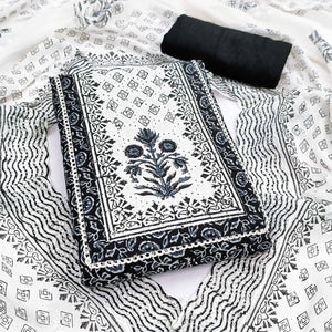 Refined Black Floral Printed Pure Cotton Dress Material With A Clean Contemporary Look