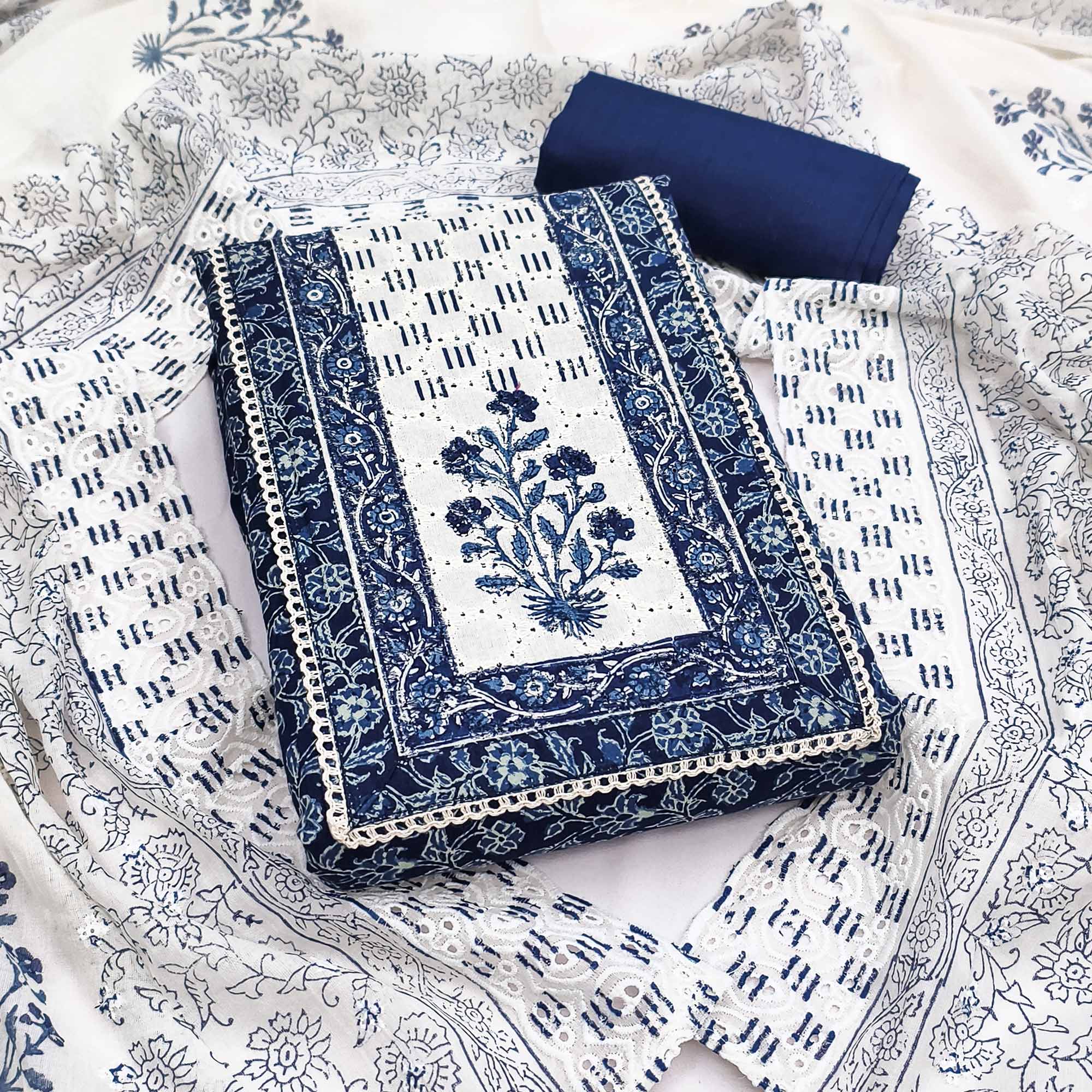 Refined Blue Floral Printed Pure Cotton Dress Material With A Clean Contemporary Look