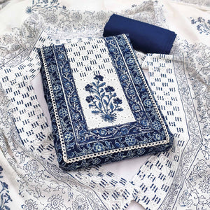 Refined Blue Floral Printed Pure Cotton Dress Material With A Clean Contemporary Look