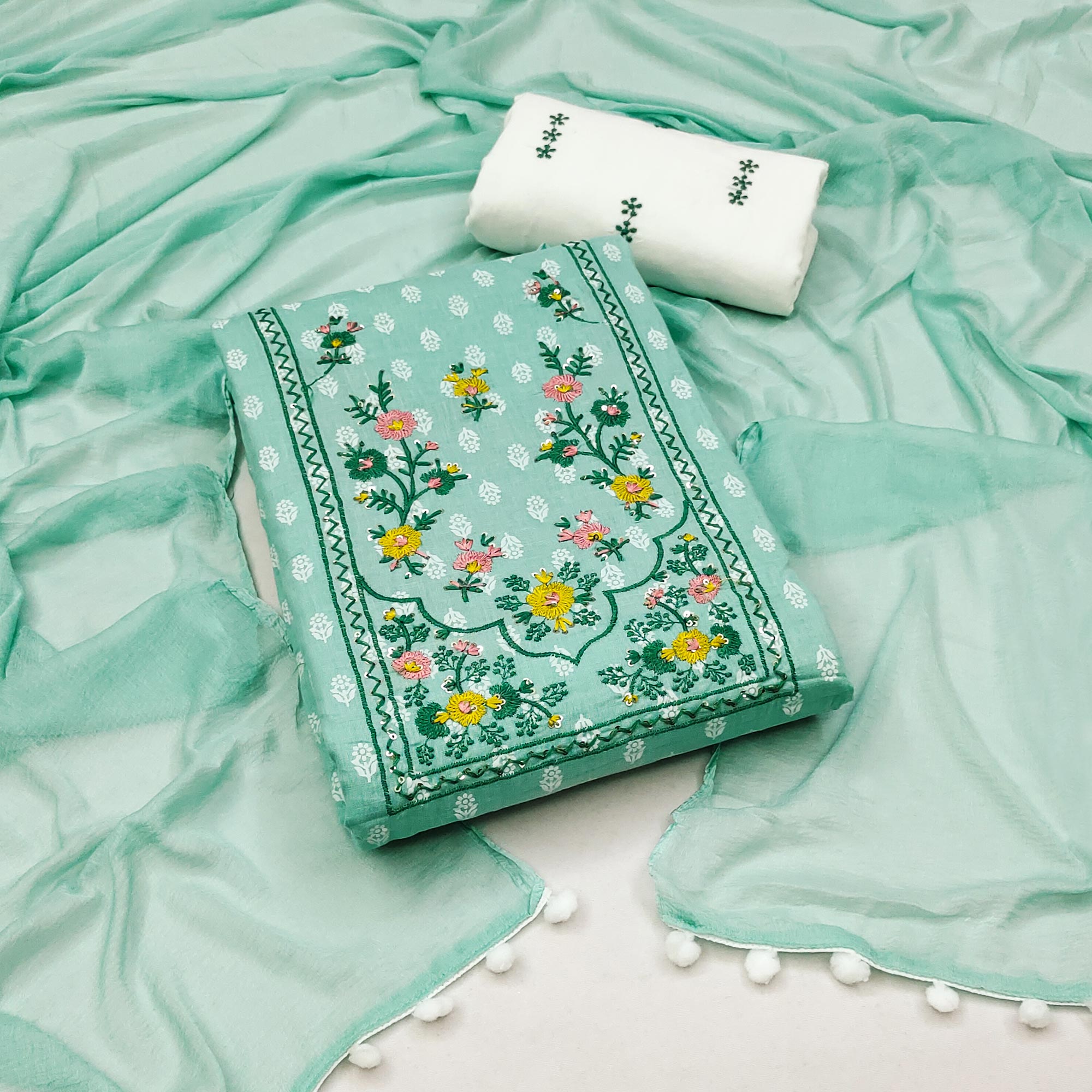 Turquoise Floral Printed Pure Cotton Dress Material