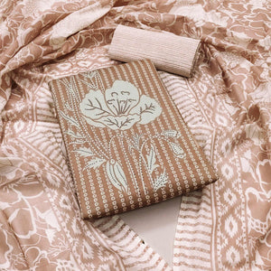 Beige Floral Printed With Yoke Embroidered Pure Cotton Dress Material