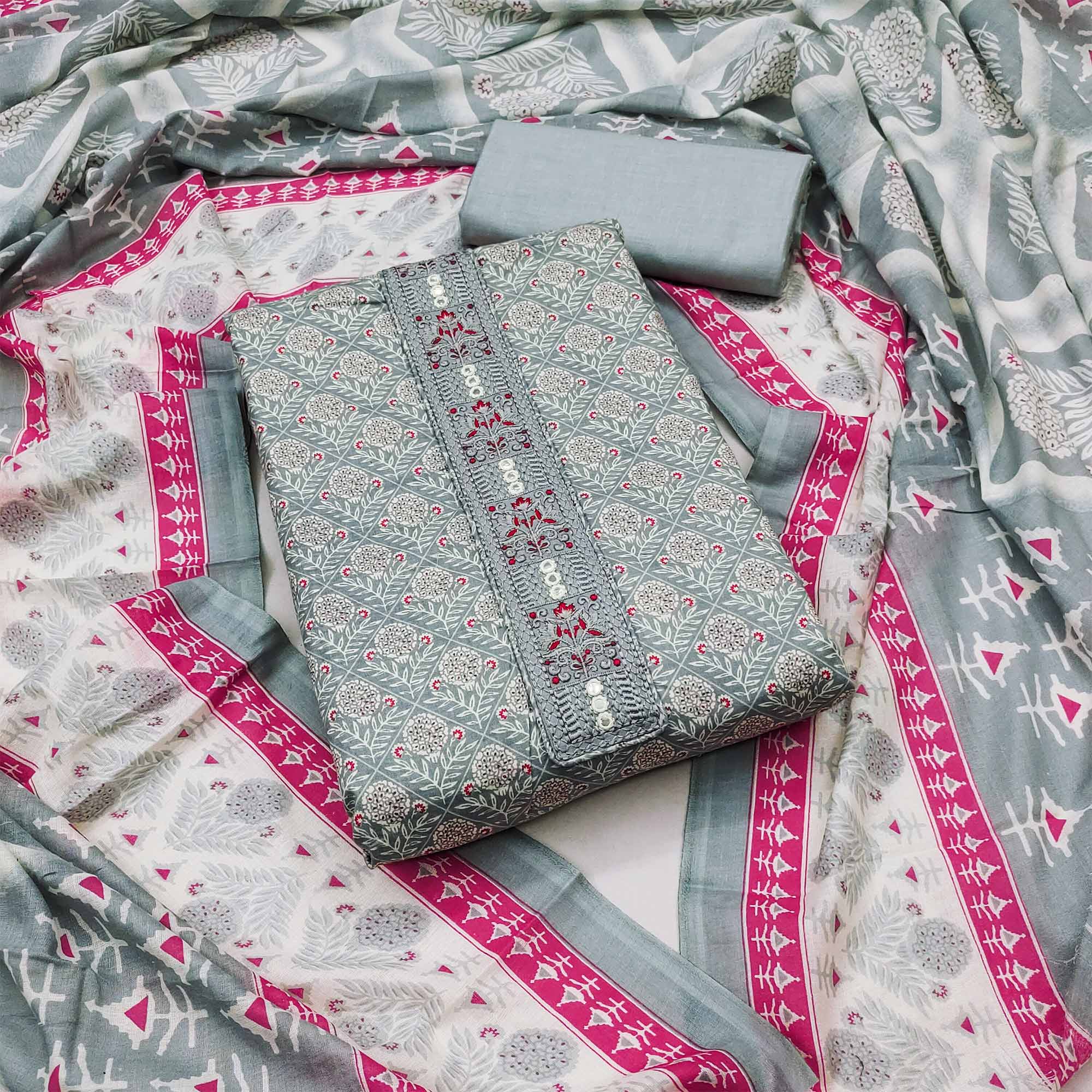 Grey Floral Printed With Yoke Embroidered Pure Cotton Dress Material