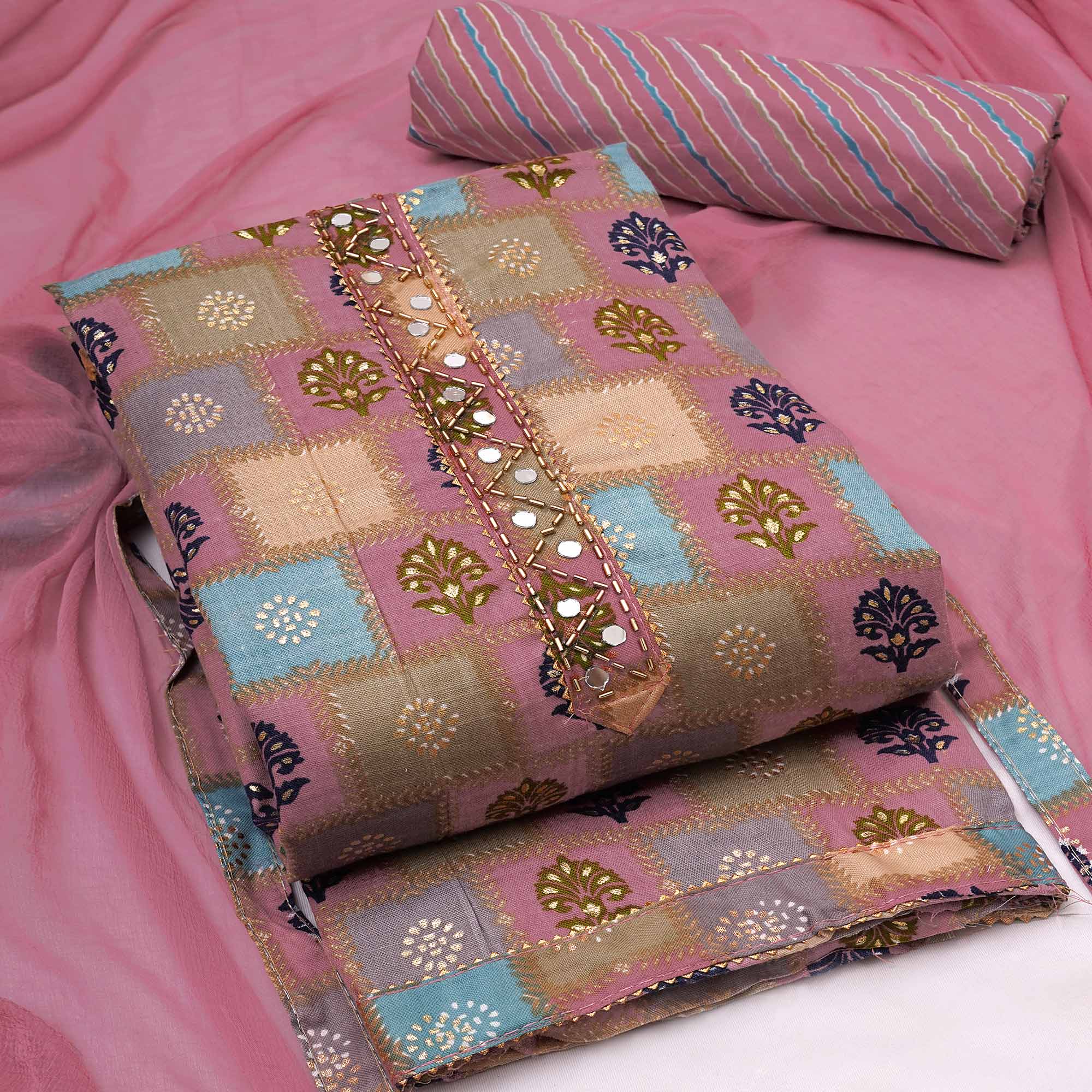 Pink Foil Printed Cotton Blend Dress Material