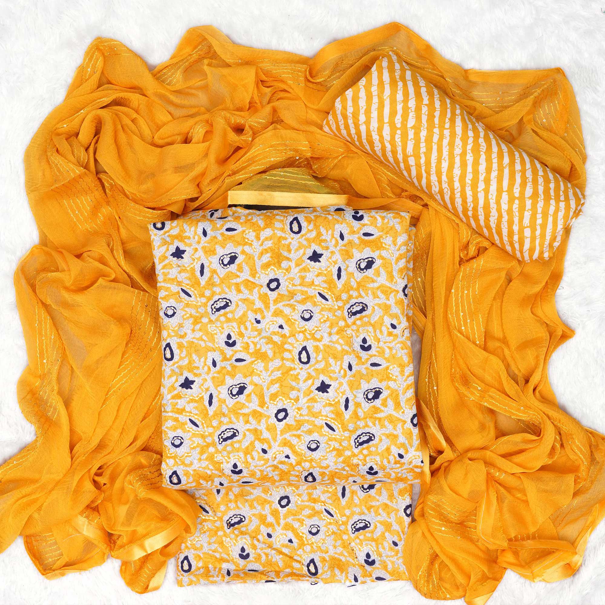 Yellow Foil Printed Cotton Blend Dress Material