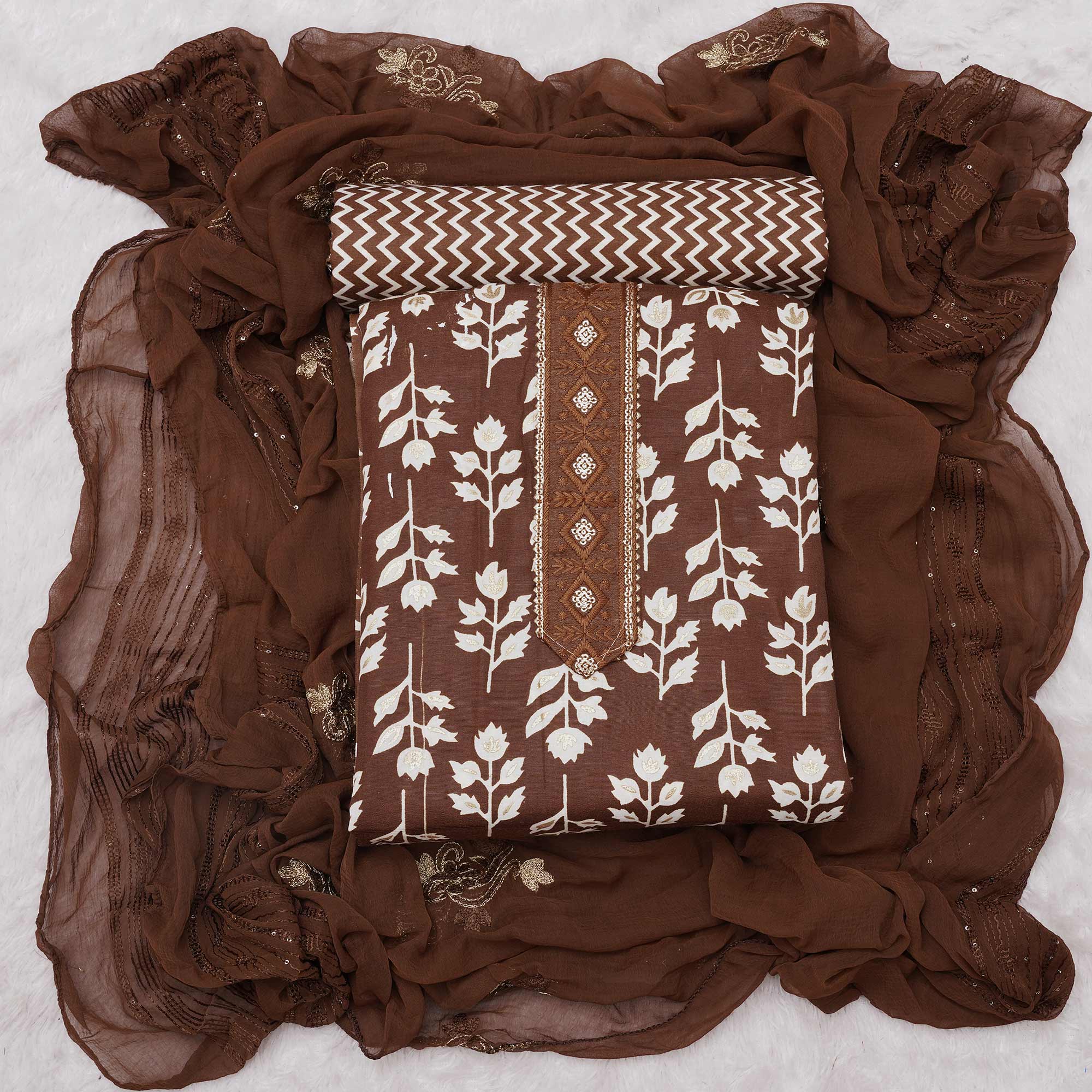 Brown Foil Printed Cotton Blend Dress Material