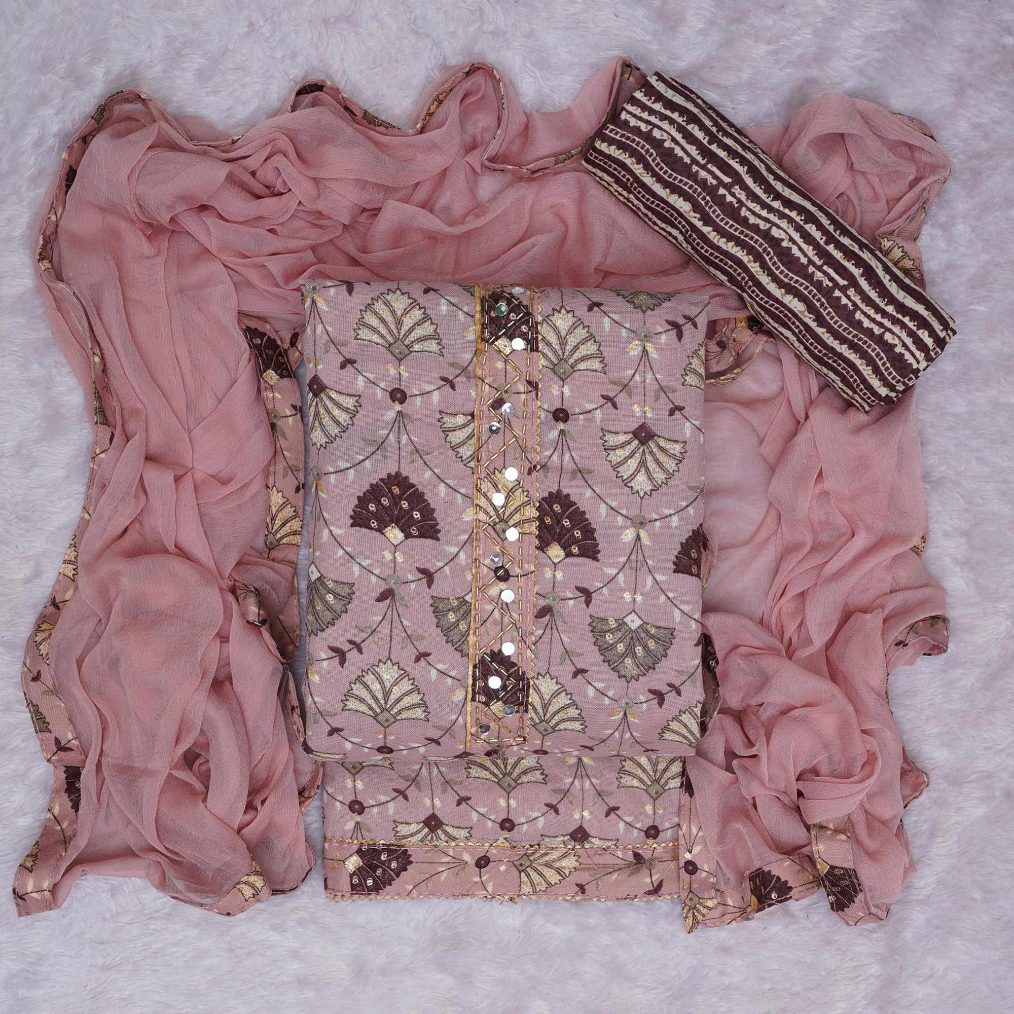 Mauve Floral Foil Printed Cotton Blend Dress Material