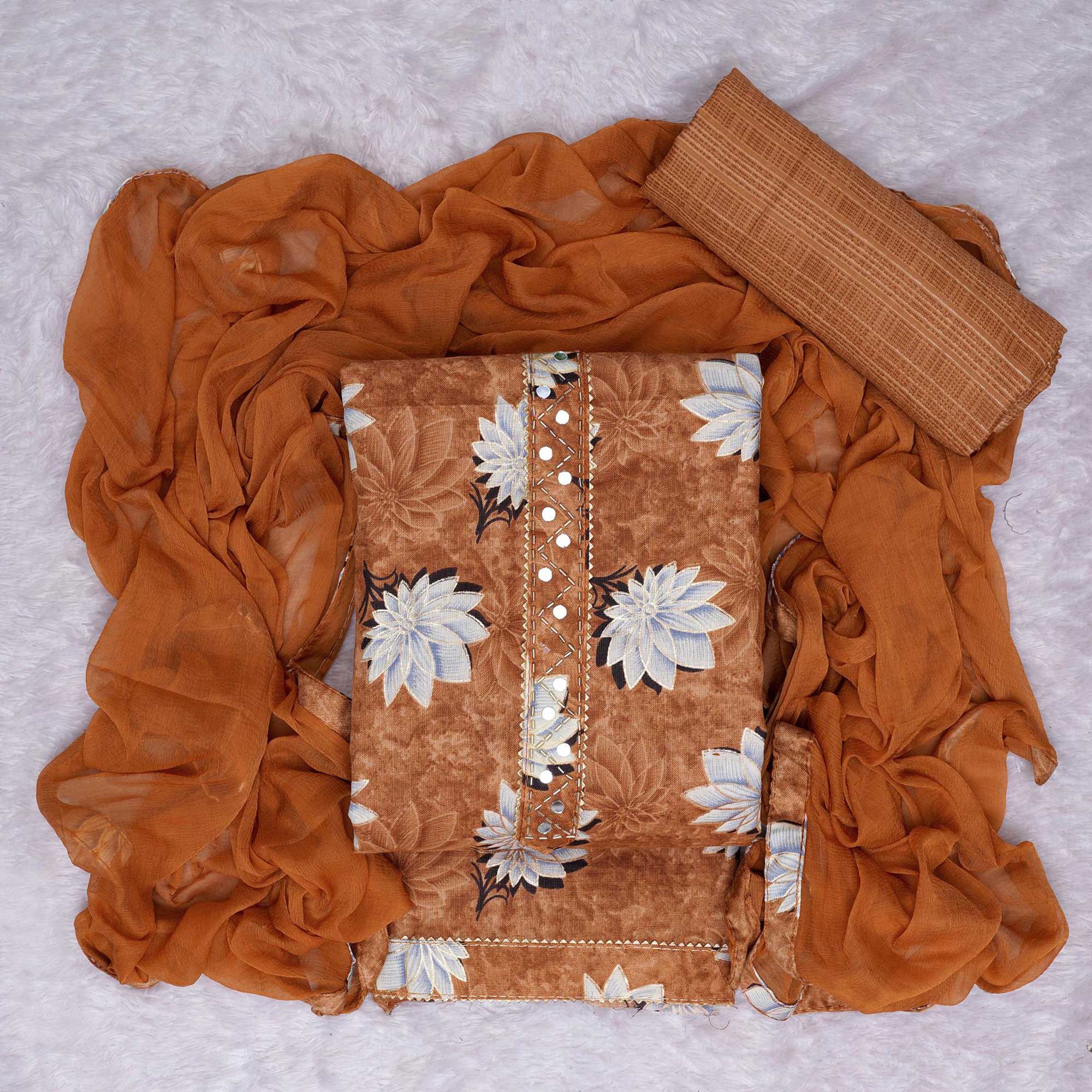 Brown Floral Foil Printed Cotton Blend Dress Material