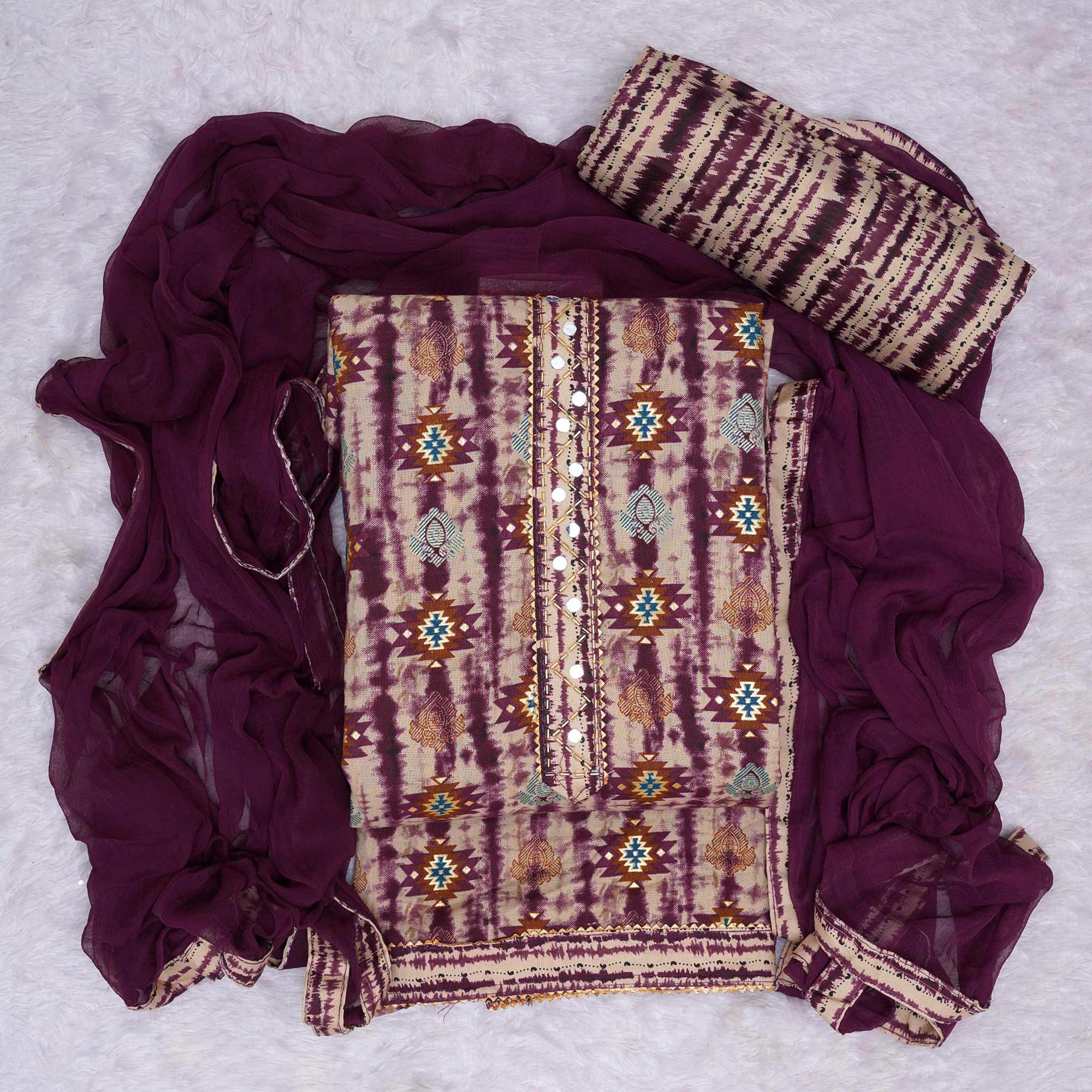 Wine Foil Printed Cotton Blend Dress Material