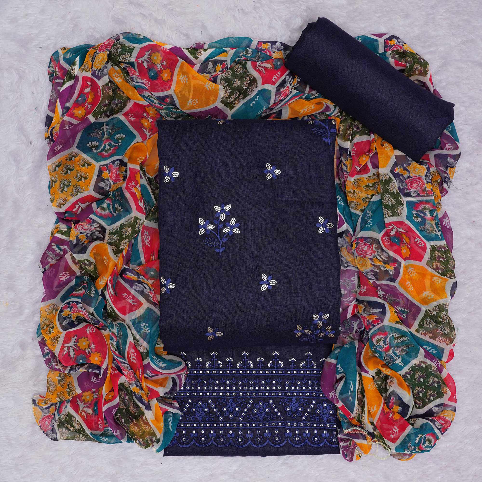 Blue Floral Embroidered Cotton Blend Dress Material
