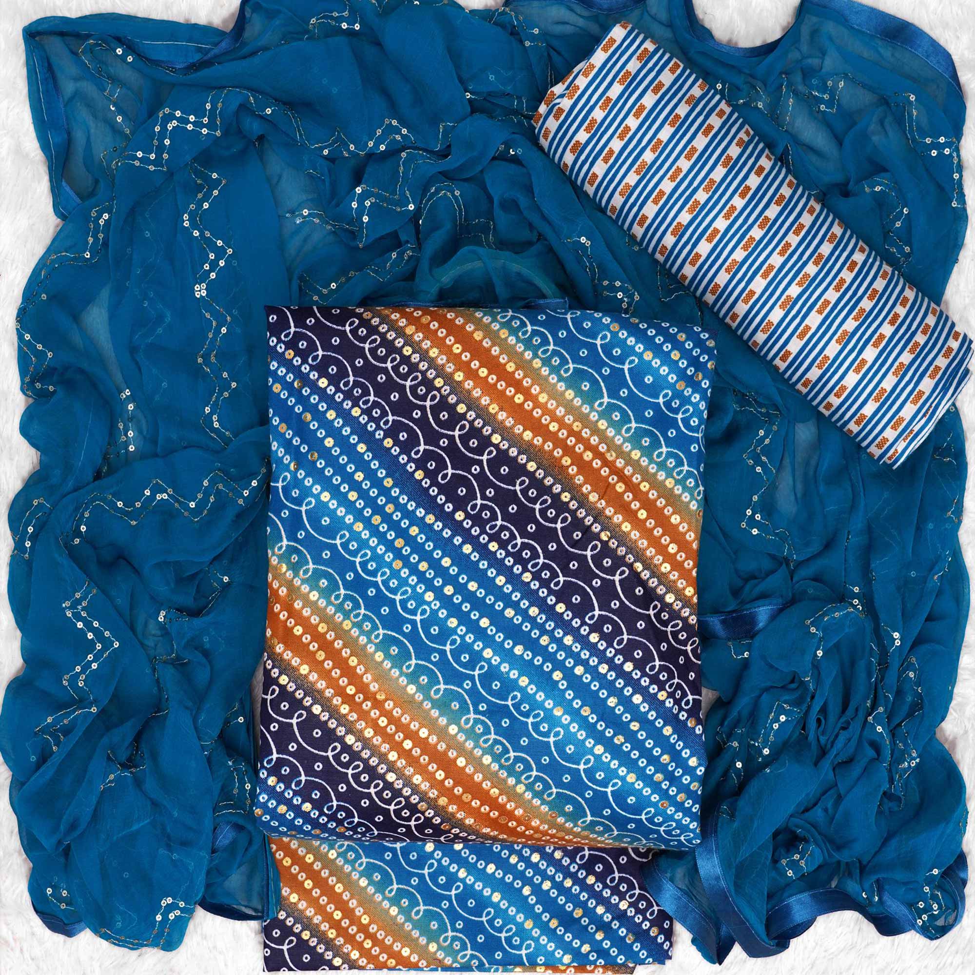 Blue Bandhani Foil Printed Dress Material