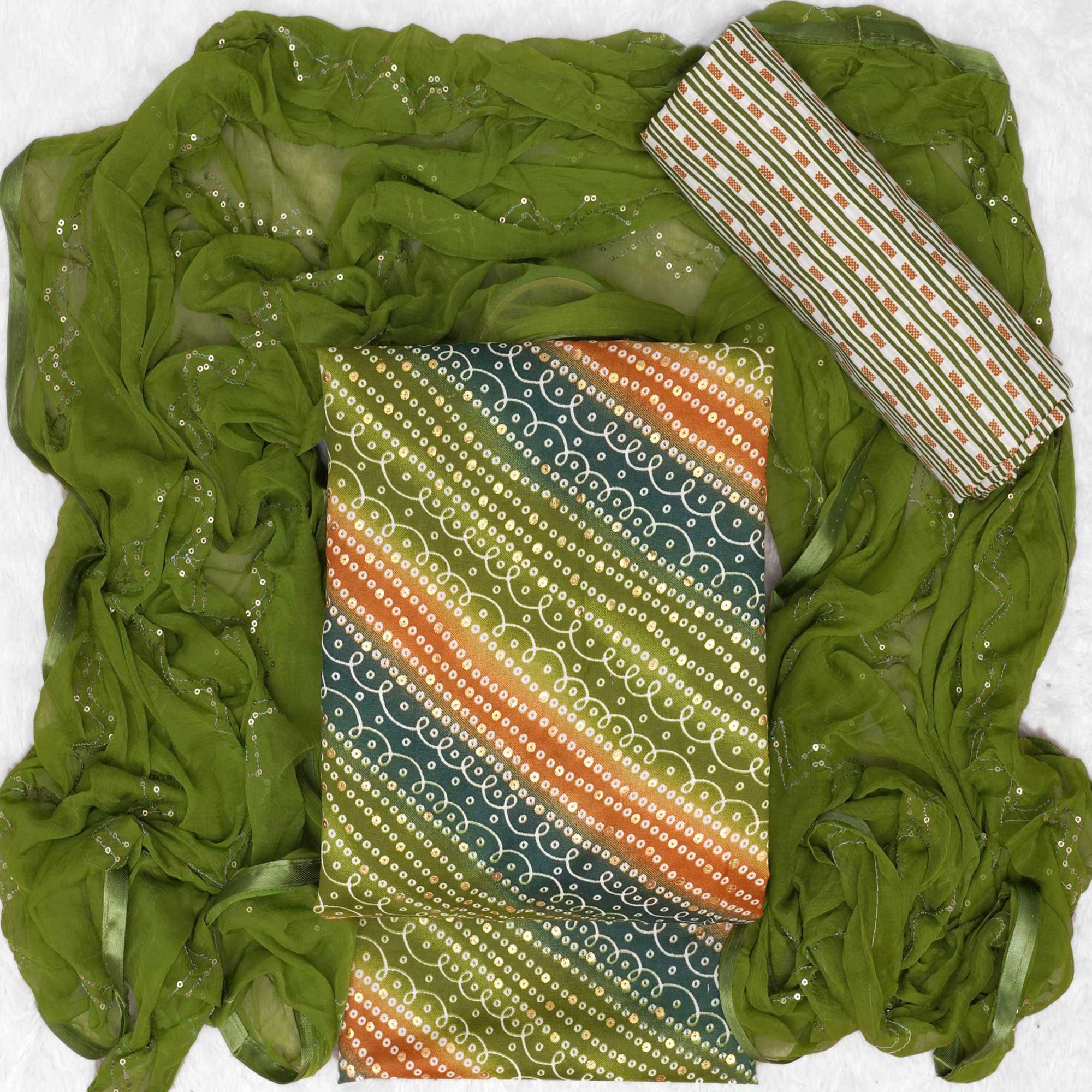 Green Bandhani Foil Printed Dress Material