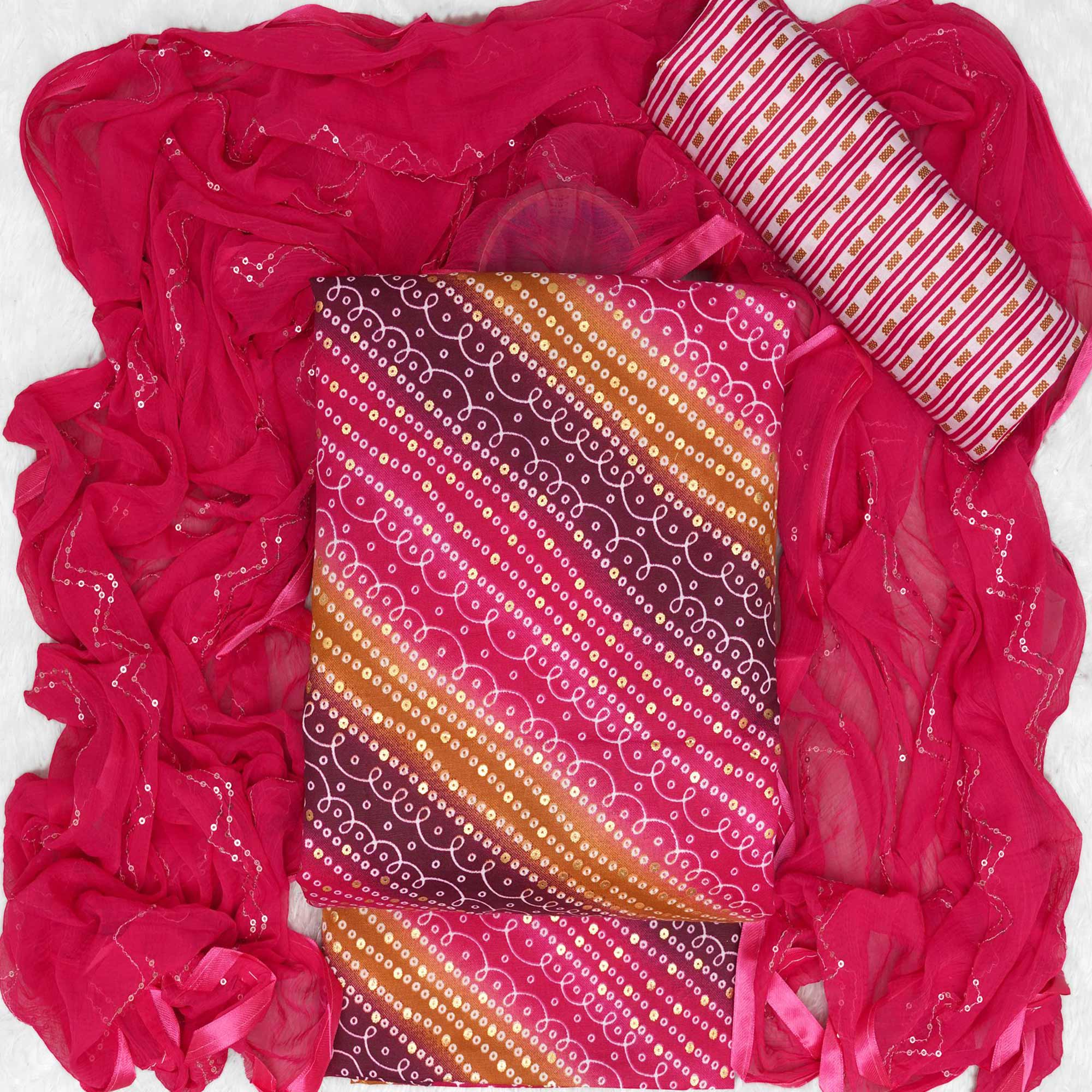 Pink Bandhani Foil Printed Dress Material