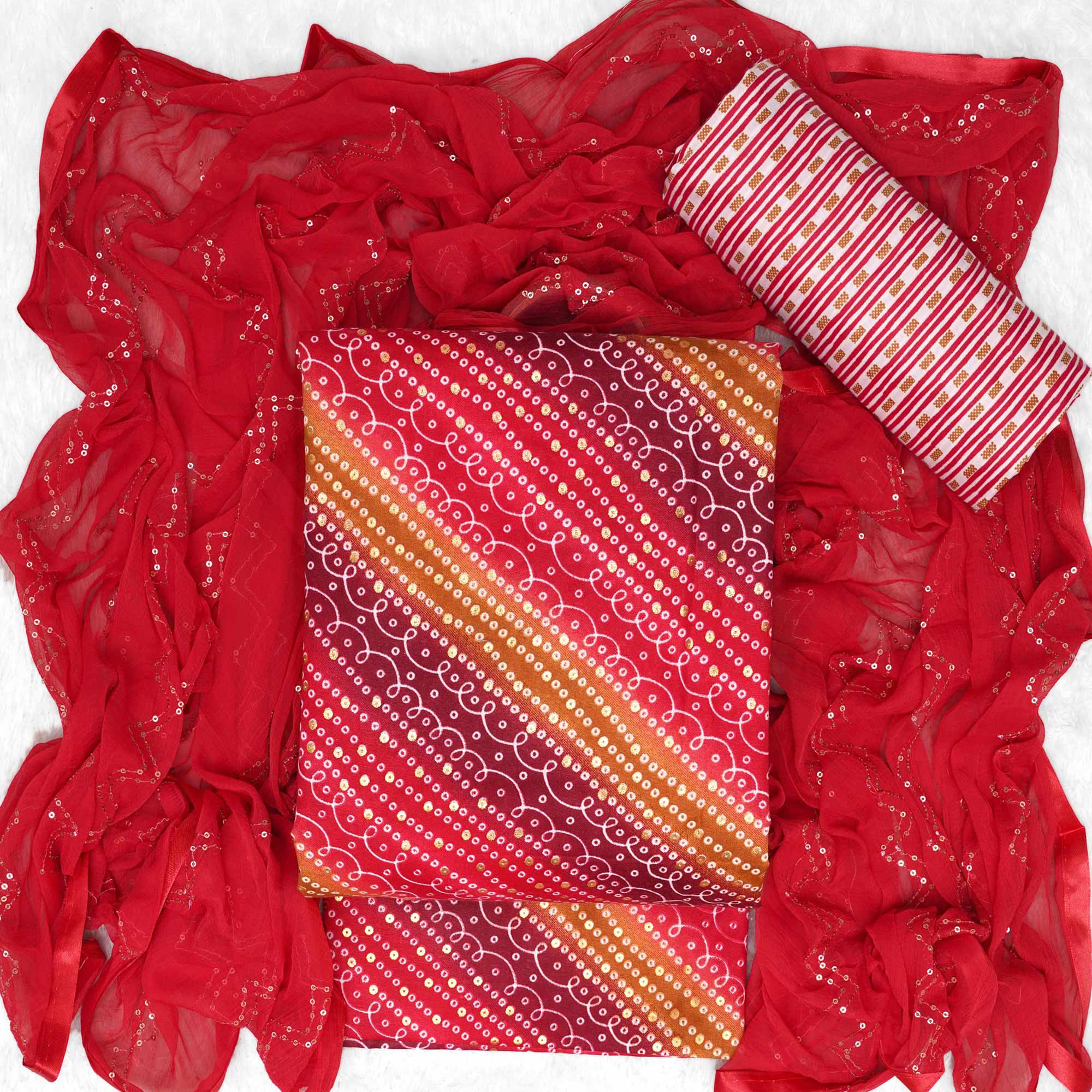 Red Bandhani Foil Printed Dress Material