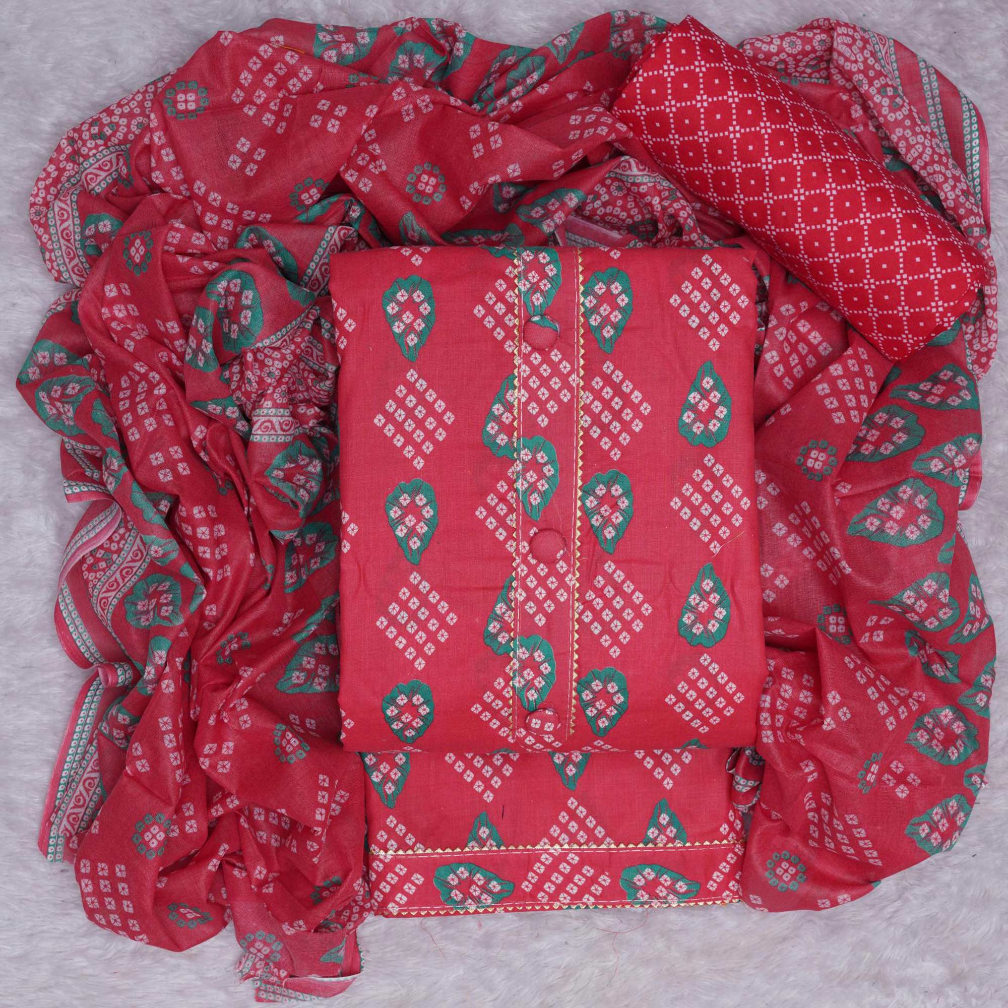 Gajari Pink Bandhani Printed Cotton Blend Dress Material