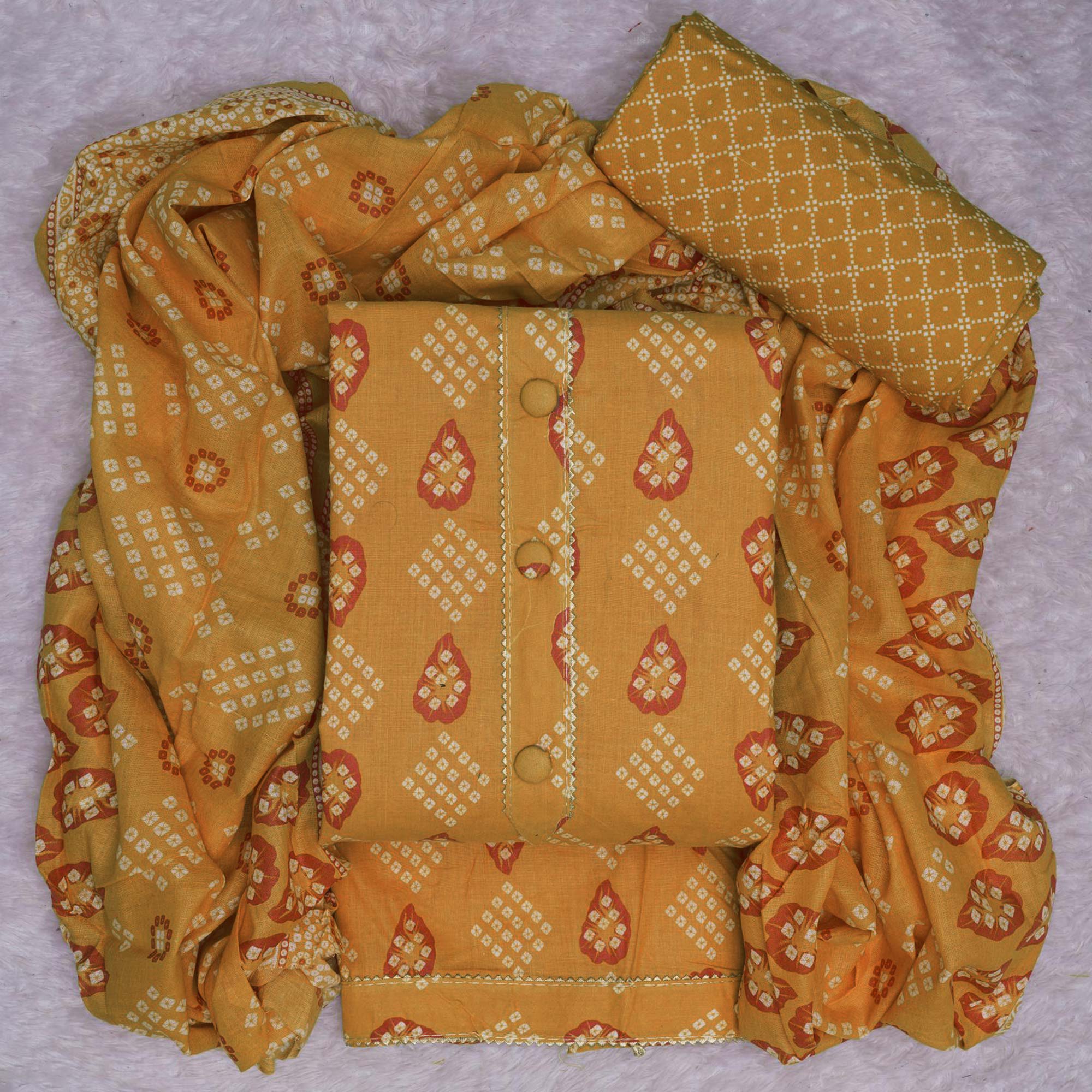 Mustard Bandhani Printed Cotton Blend Dress Material
