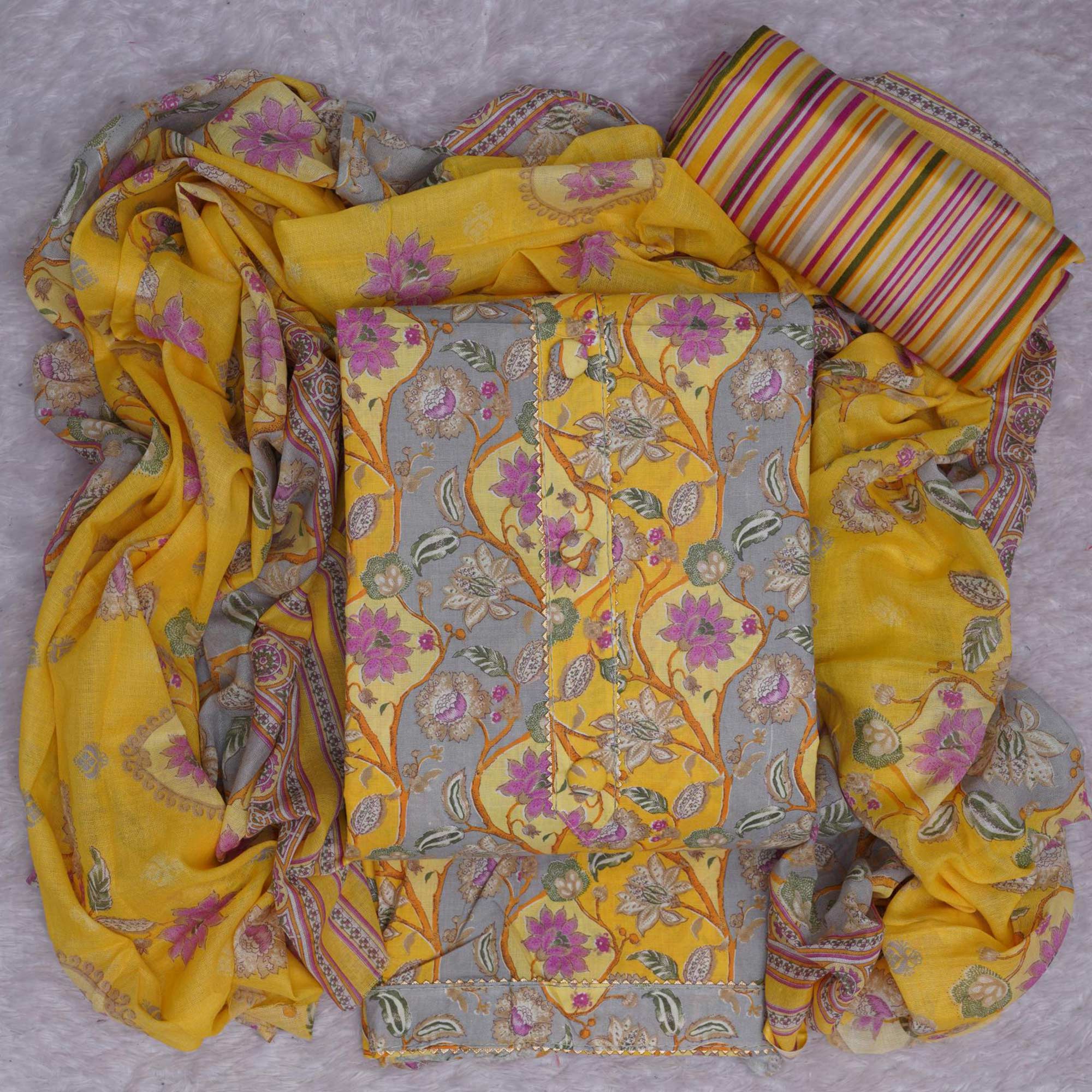 Yellow Floral Printed Cotton Blend Dress Material