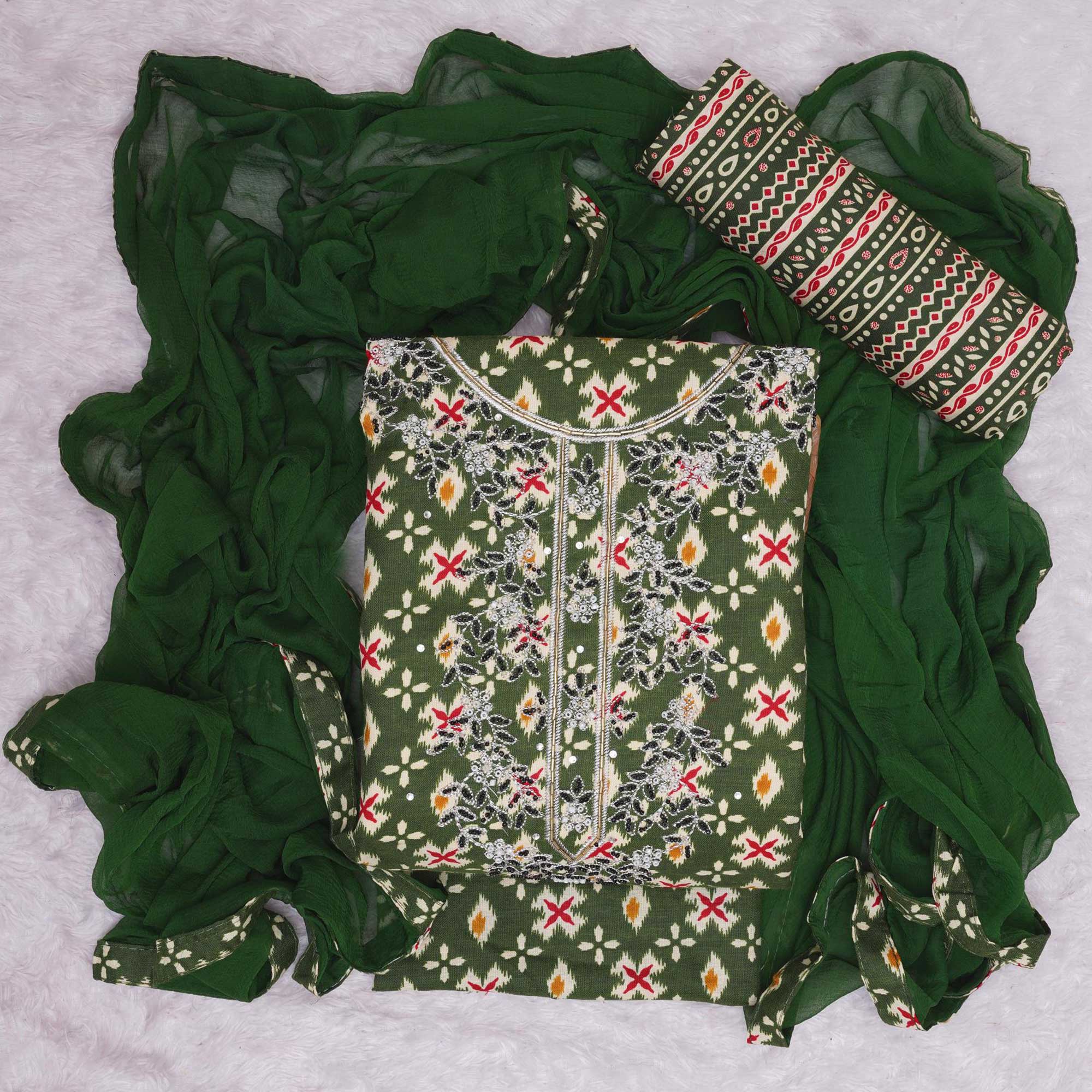 Green Printed With Embroidered Cotton Blend Dress Material