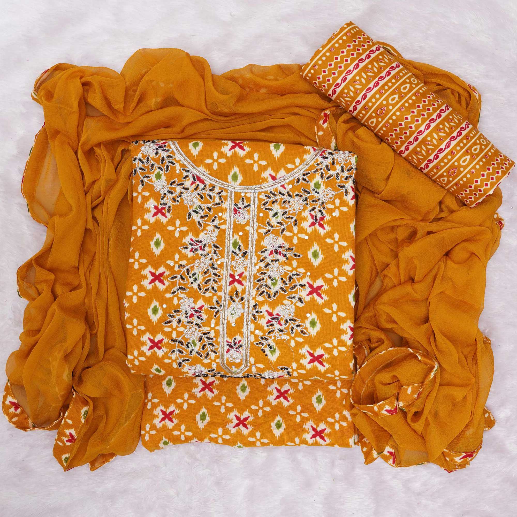 Yellow Printed With Embroidered Cotton Blend Dress Material
