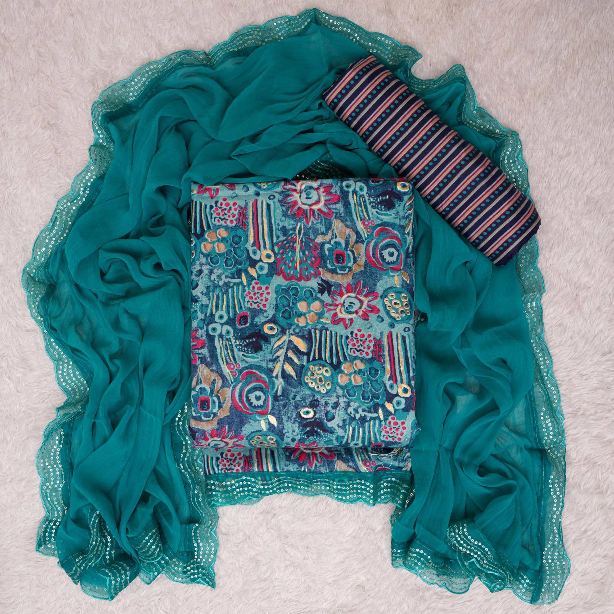 Blue Foil Printed With Sequins Work Cotton Blend Dress Material