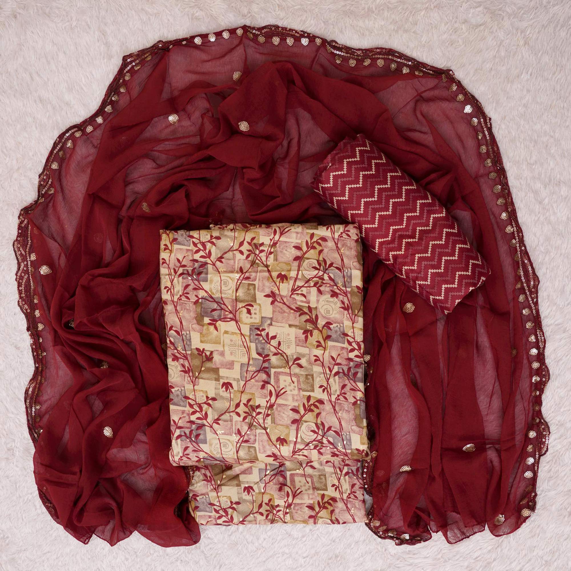 Chikoo & Maroon Foil Printed Cotton Blend Dress Material
