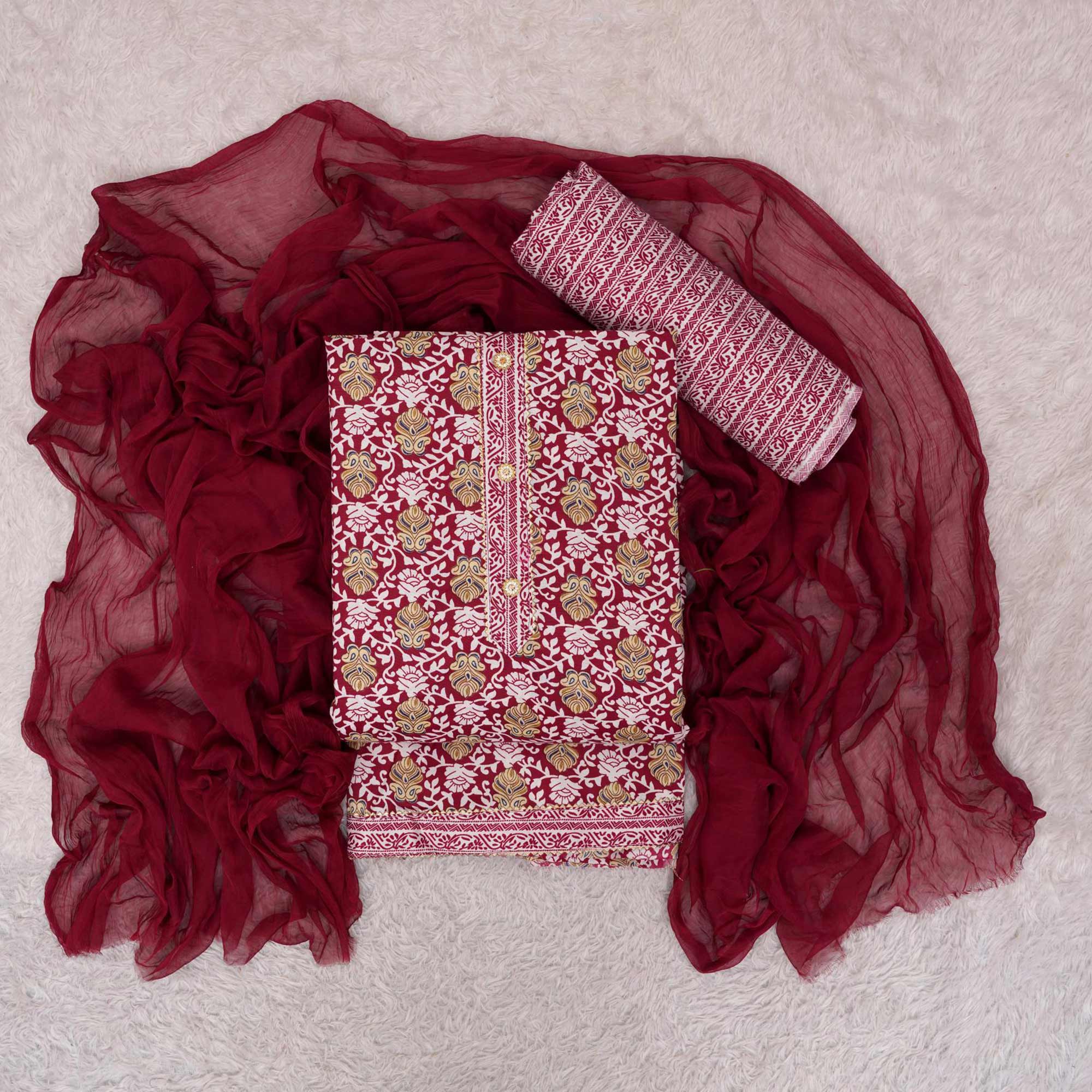 Maroon Foil Printed Cotton Blend Dress Material
