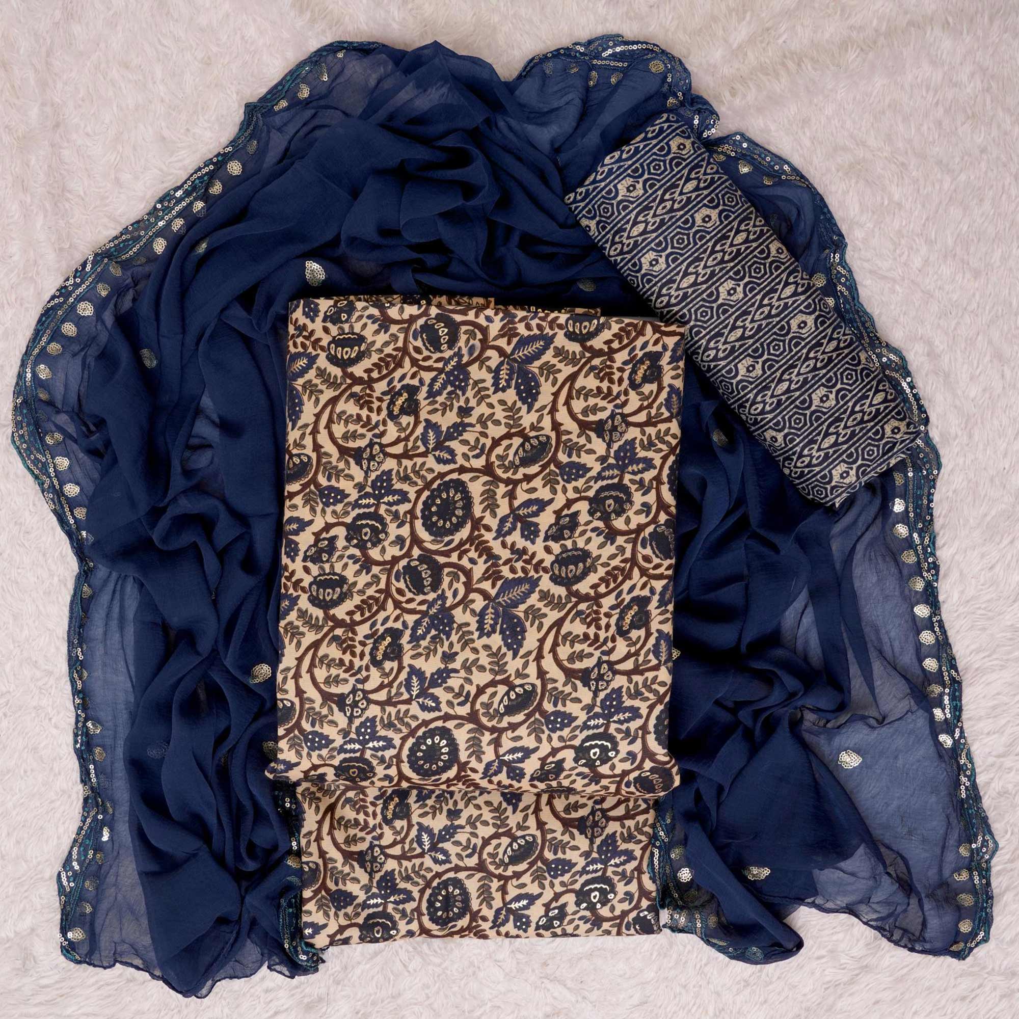 Navy Blue Foil Printed Cotton Blend Dress Material